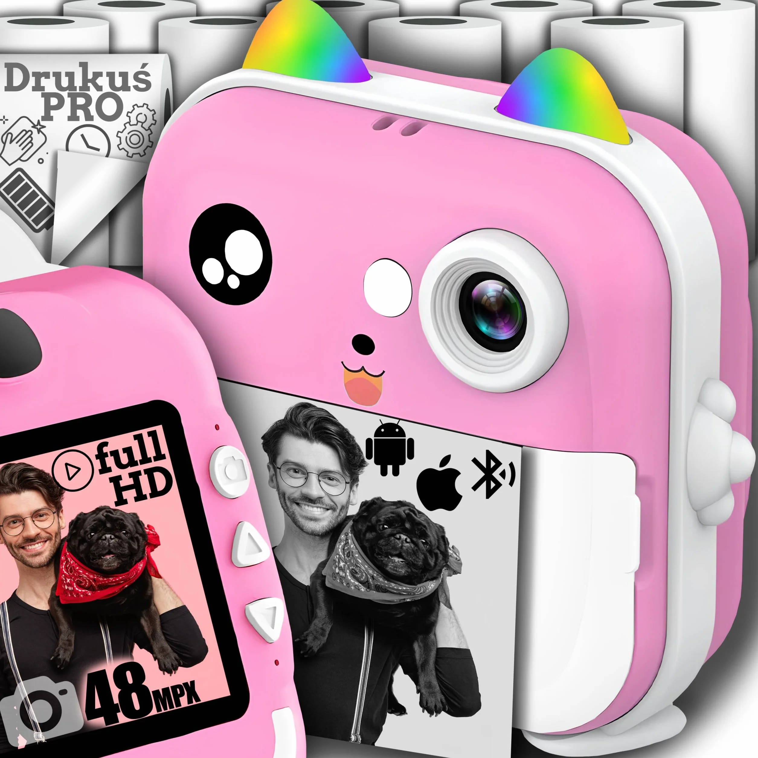 DRUKUŚ PRO MINI DRUKARKA TERMICZNA APARAT NATYCHMIASTOWY + 10 ROLEK GRATIS TERMICZNA DRUKARKA FOTOGRAFICZNA, ETYKIETY, NOTATKI, PAPIER PARAGONOWY, DRUKARKA FOTOGRAFICZNA Z ROLKAMI PAPIERU DO SMARTFONA