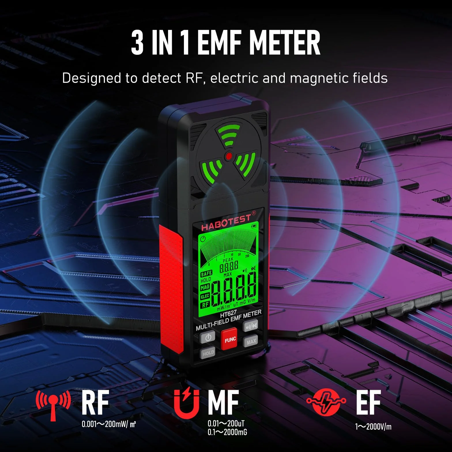 YOJOCK detektor pól elektromagnetycznych, przenośny miernik 3-w-1 do EF RF MF, stosowany do inspekcji EMF w domu i na zewnątrz oraz do poszukiwań paranormalnych - Nowy model 2024 (Czerwony)