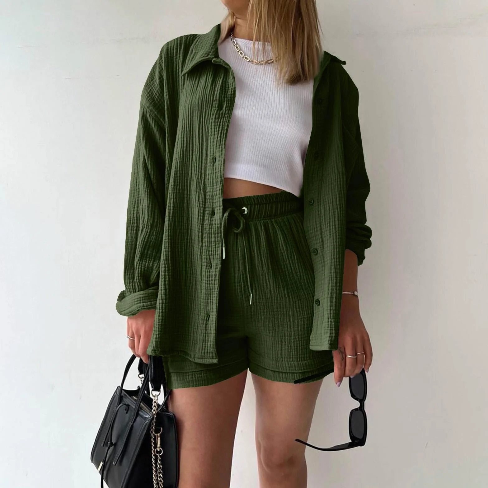 Dwuczęściowy damski elegancki letni muślinowa bluzka koszula i szorty Clothes Aesthetic zestaw wypoczynkowy na plażę zestaw dwuczęściowy moda lekka