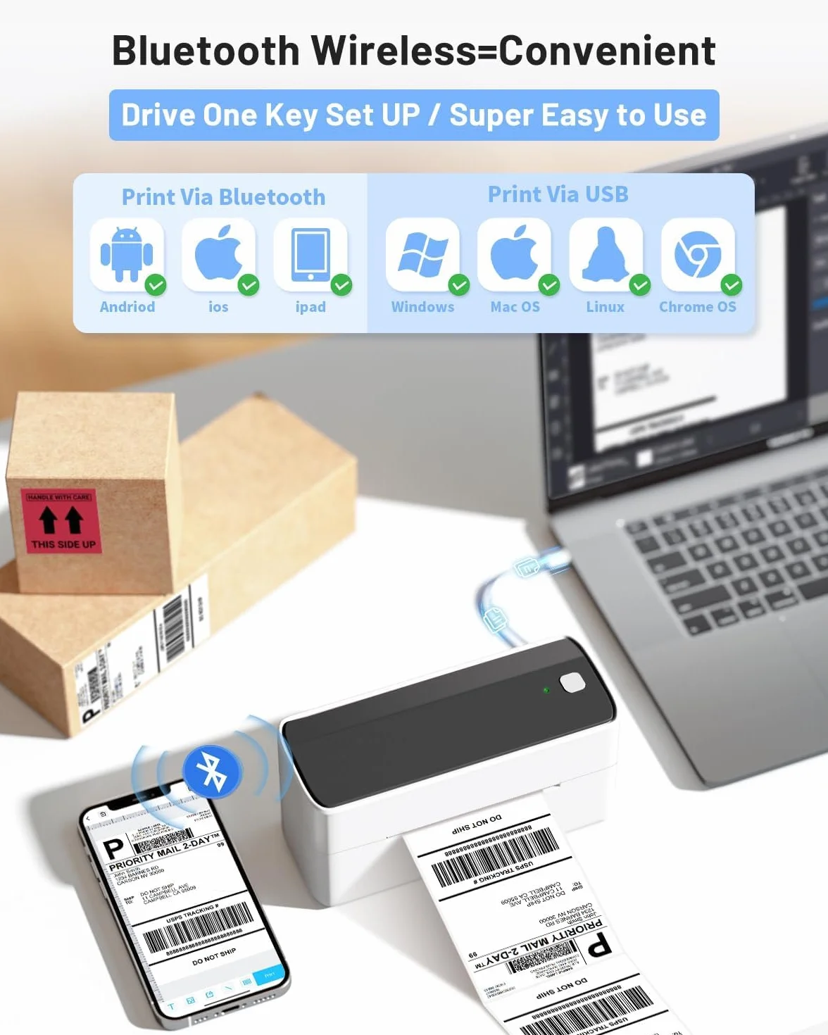 Phomemo drukarka etykiet Bluetooth DHL, drukarka etykiet wysyłkowych 4x6, termiczna drukarka do etykiet Label Printer jest do eBay, Amazon, Etsy, Ups, Shopify, Vinted itp. (Czarno-biały)
