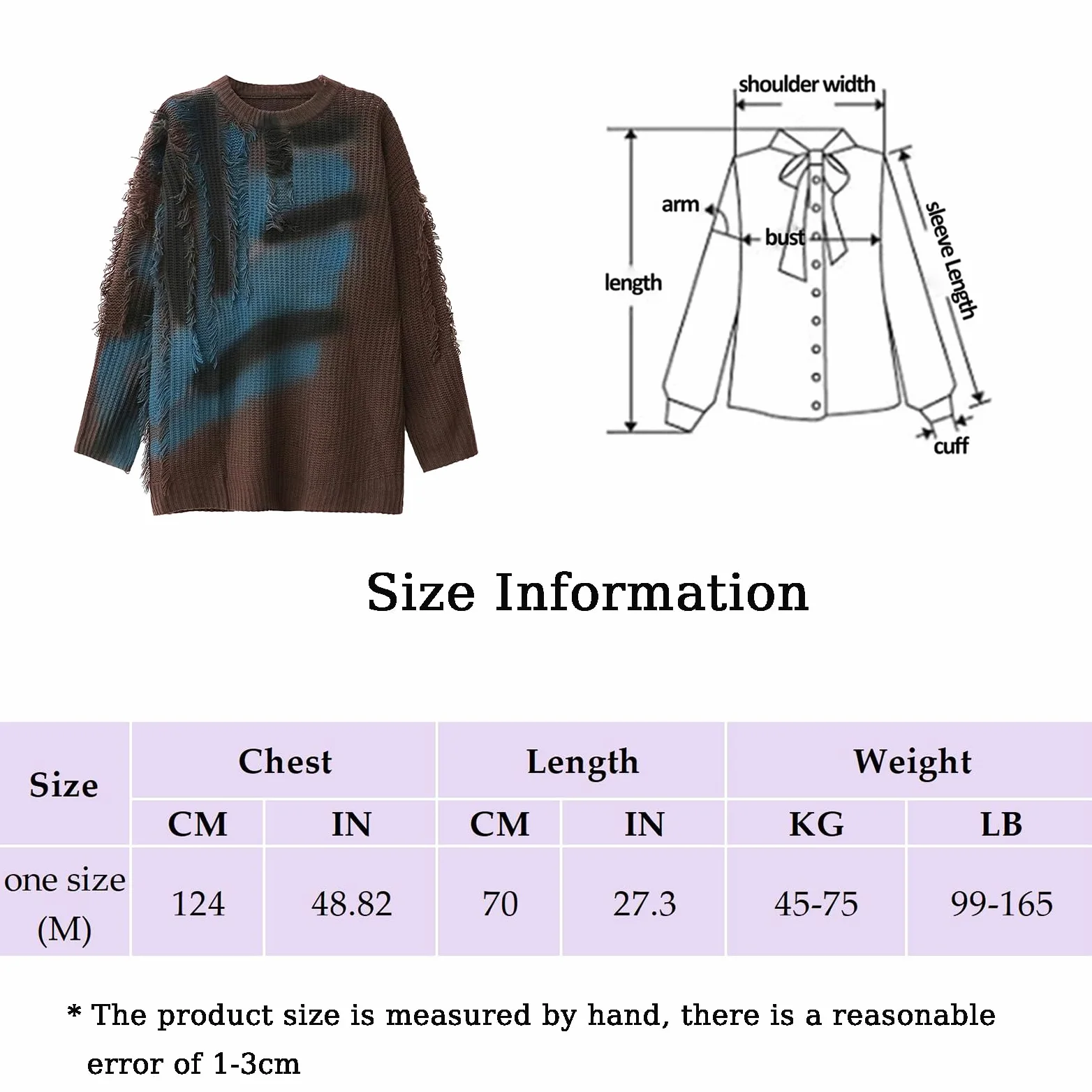 Damski Luźny Sweter Oversize z Okrągłym Kołnierzem, Nadrukiem, Postrzępionymi Krawędziami i Frędzlami, Sweter Casualowy