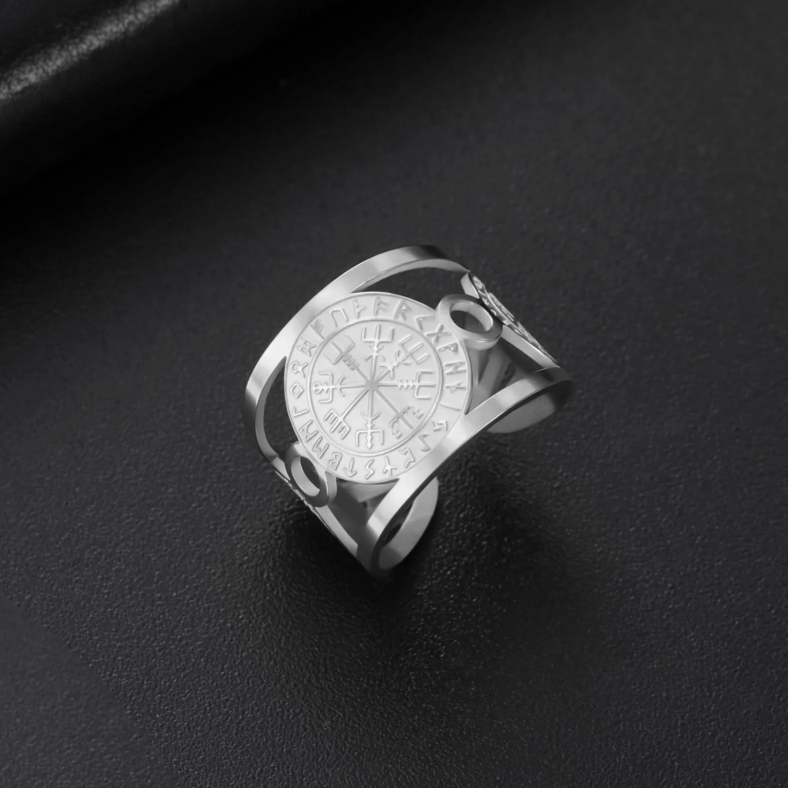 TEAMER Regulowany pierścień Vegvisir ze stali nierdzewnej nordycki kompas runiczny ochrona i przewodnik amulet biżuteria dla kobiet