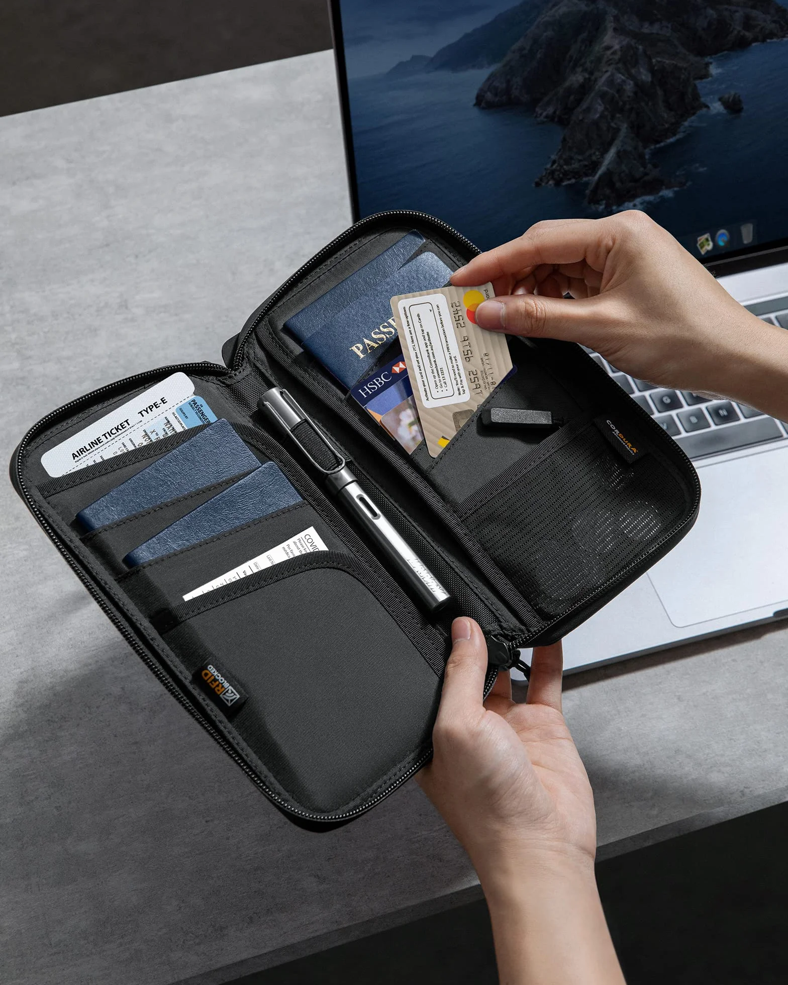 tomtoc etui na paszport na 4 paszporty, pokrowiec na paszport organizer etui na paszport z uchwytem na kartę SIM i wysuwanym bolcem, ochrona RFID, przegroda na kartę