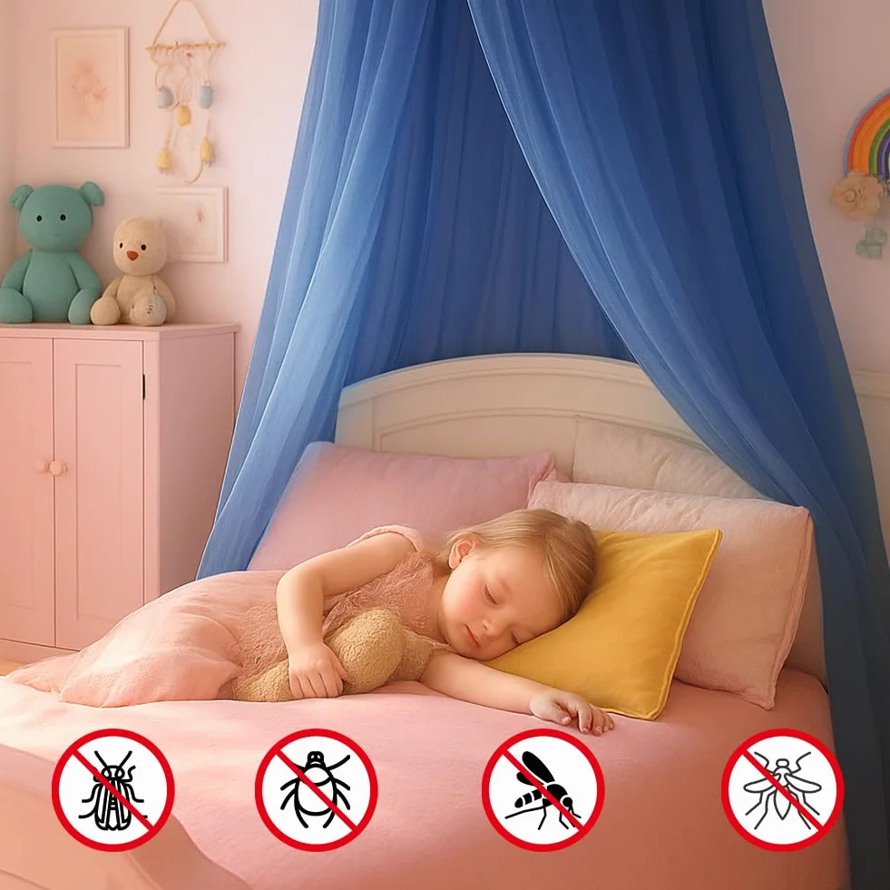 Vicloon Baldachim na łóżko, moskitiera do łóżek pojedynczych, baldachim księżniczki, okrągła kopuła, wisząca zasłona do łóżka dziewczęcego, dekoracja pokoju (niebieski)