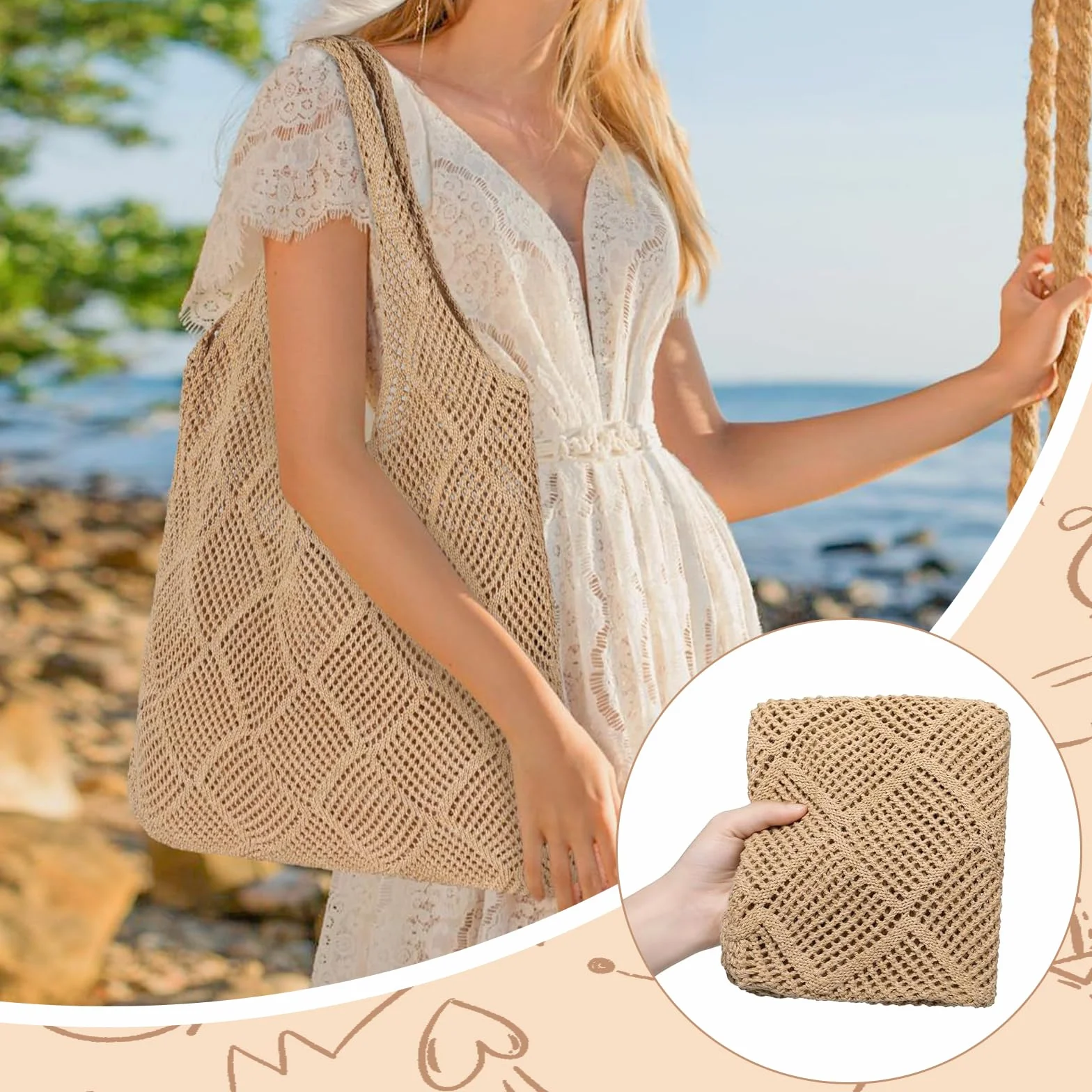 Damska torba plażowa Retro Hollow Handbag, damskie torebki na ramię, duża letnia torba na co dzień, letnie torby, torba plażowa na imprezę w podróży zakupy