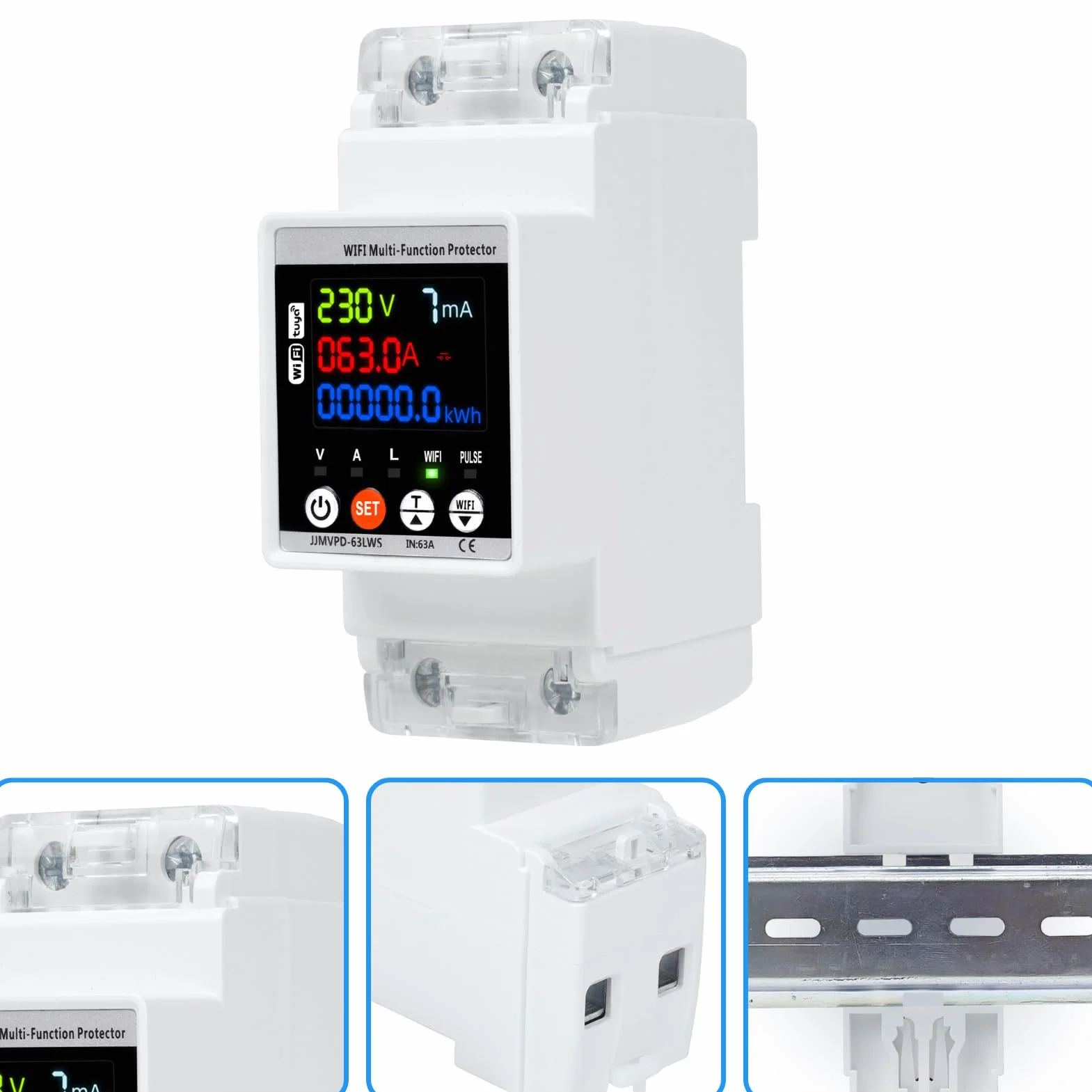 Jadeshay Stabilizator napięcia 220 V, 63 A 230 V, ochrona przeciwprzepięciowa WiFi na szynie DIN z kolorowym ekranem(WiFi)