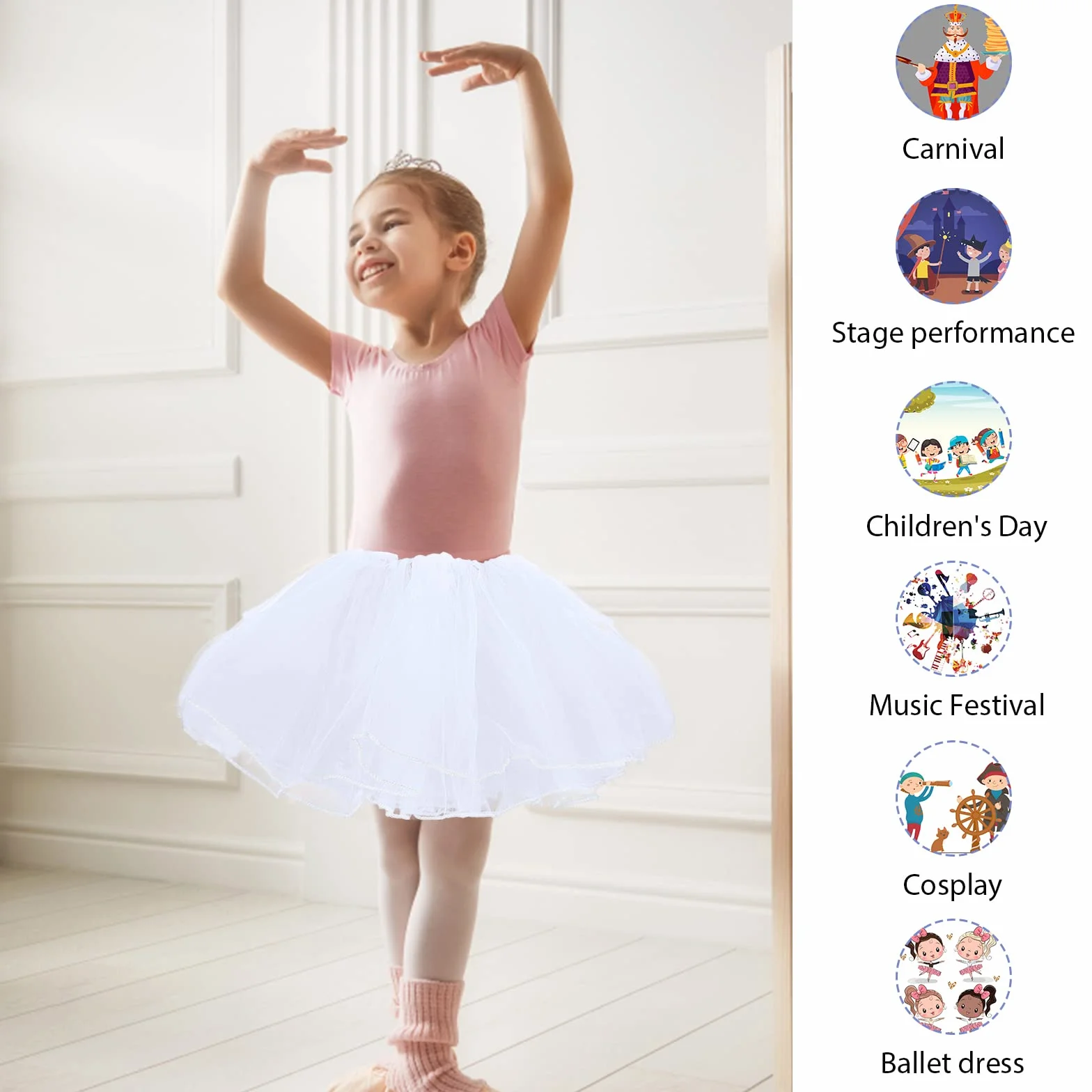 WLLHYF Dziewczęca spódnica tutu, 4 warstwy, tiulowa, tutu, elastyczna, puszysta, do tańca baletowego, dla małych dzieci, dzieci, na imprezę bożonarodzeniową (biała), biały, Einheitsgröße