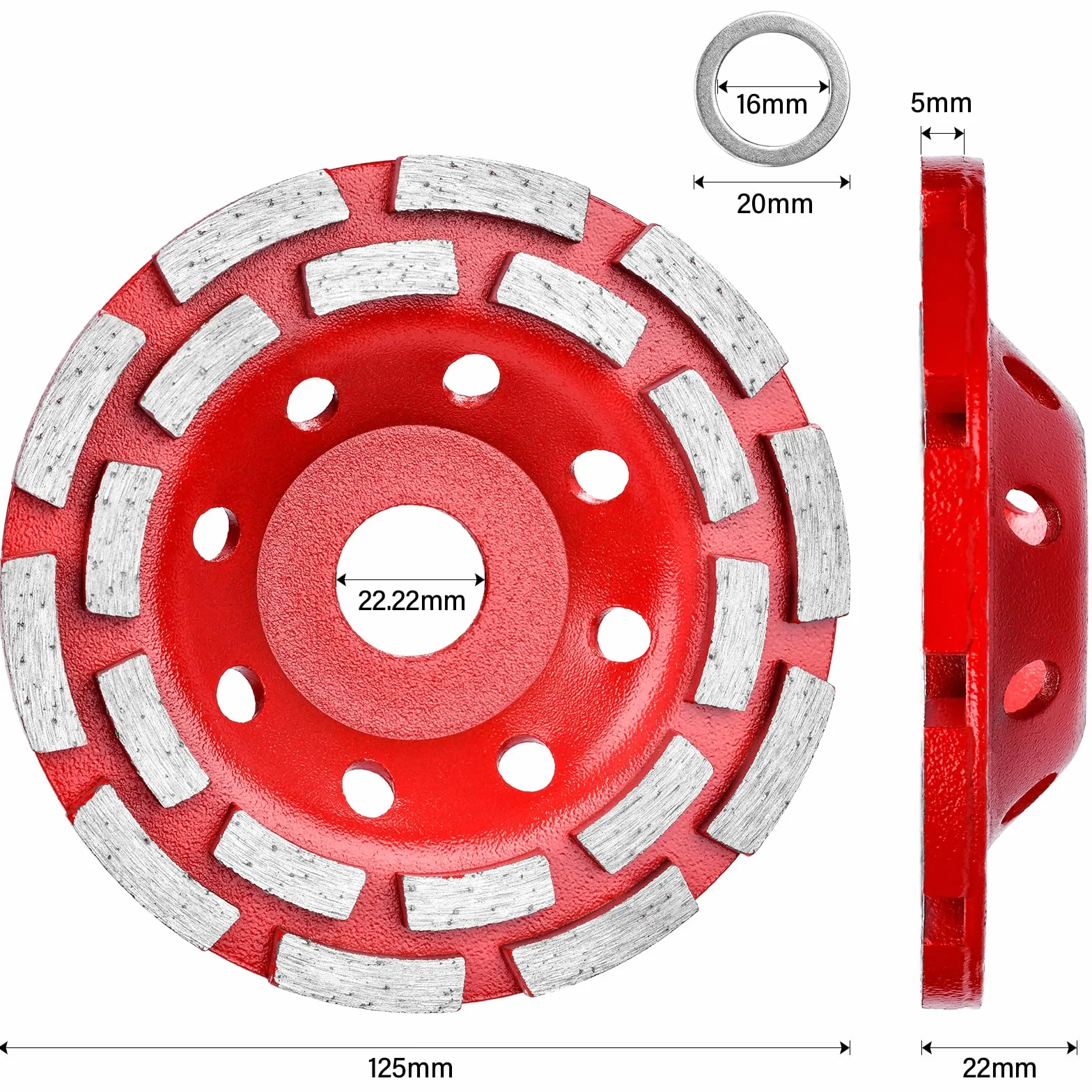 Diamentowa tarcza szlifierska 125 mm x 22,23 mm, diamentowa tarcza szlifierska, dwurzędowa, do betonu, kamienia naturalnego, kleju do płytek, granitu, muru, czerwona
