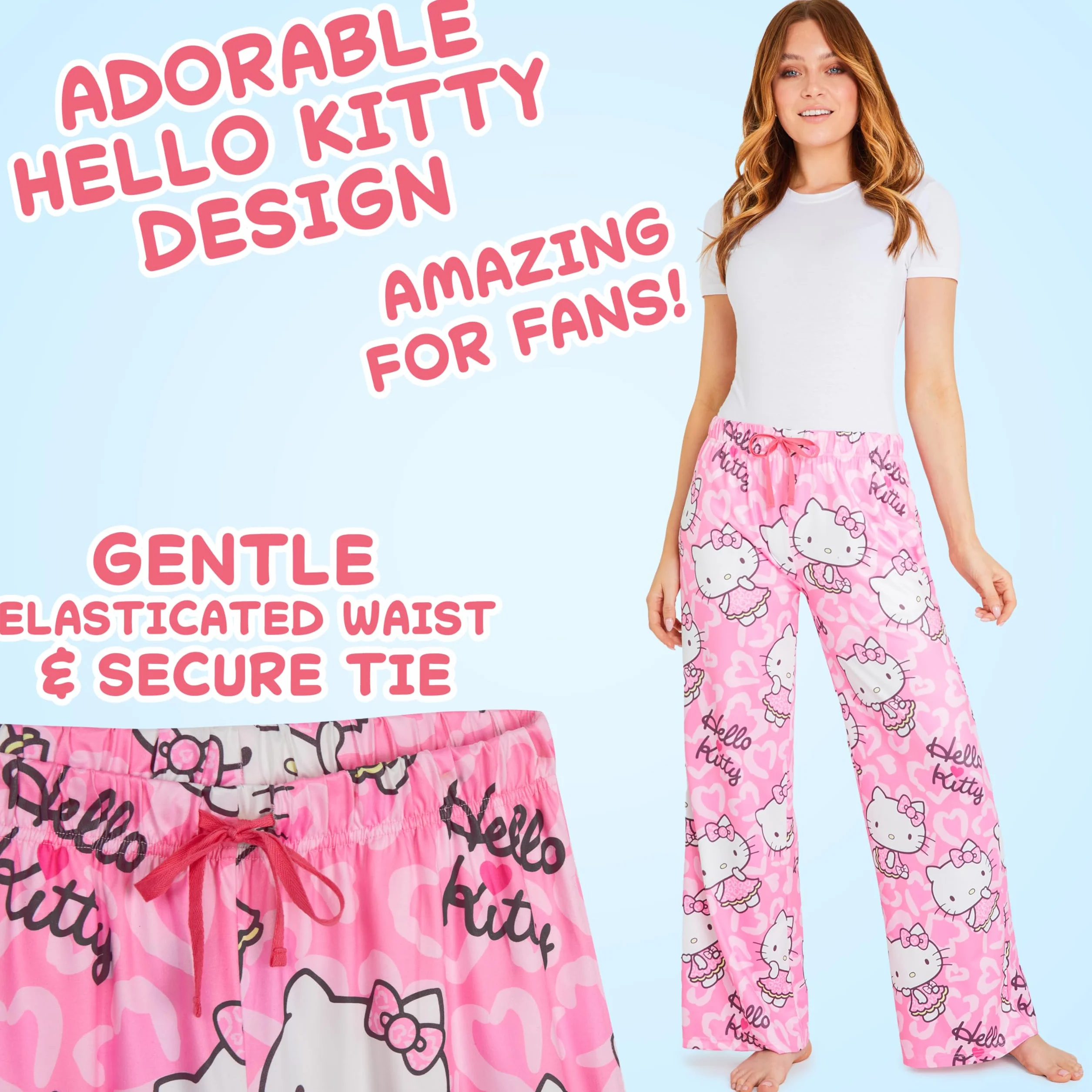 Hello Kitty Damskie spodnie piżamowe, wygodna elastyczna odzież wypoczynkowa, oddychające piżamy - prezenty dla kobiet (rozmiar M, różowy), różowy, M
