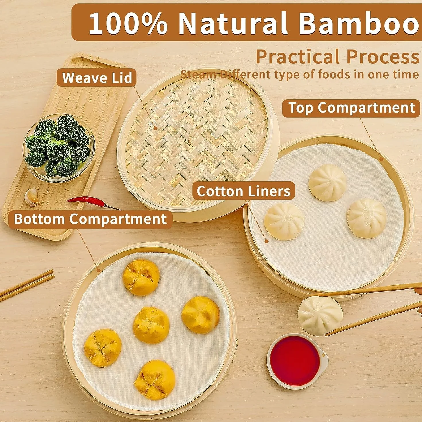 Parownica Bamboo 20 cm, 2 zwierzęta, bambusowy parownik do ryżu, sum, warzyw, ryb i mięsa – urządzenie do przygotowywania pierogów z 5 bawełnianymi ściereczkami