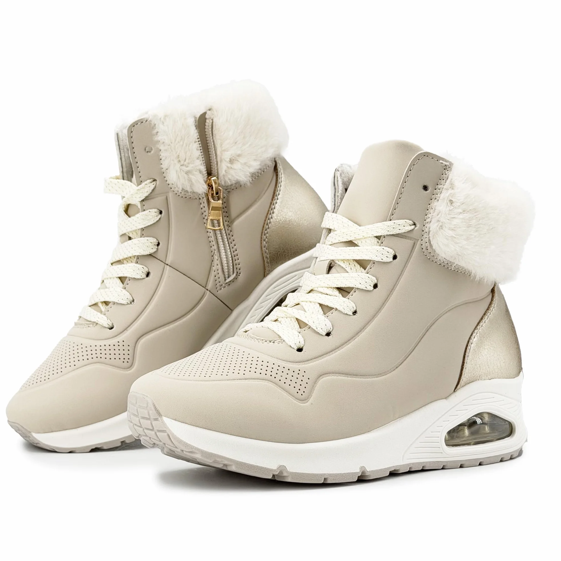 JOMIX Damskie zimowe botki z ciepłą podszewką, buty sneaker z futrzanym kołnierzem, koturn, antypoślizgowa podeszwa