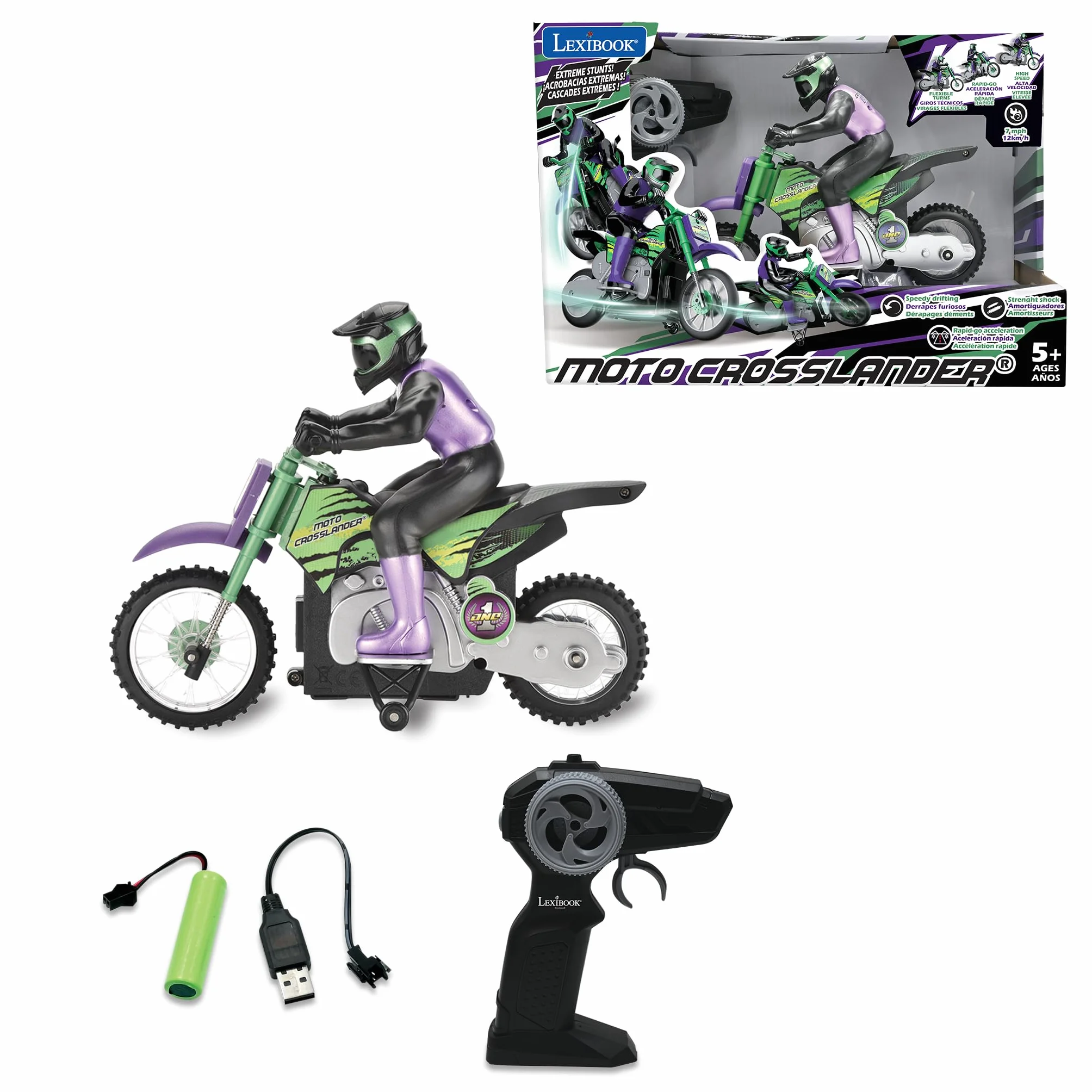 Lexibook Motocykl Terenowy Sterowany Radiowo Croslander, do 12 km, h, optymalna Równowaga, Efekty Świetlne, Szalone Zaspy, Szybkie Przyspieszenie, optymalny Pilot Zdalnego Sterowania, Ładowalny, RC18