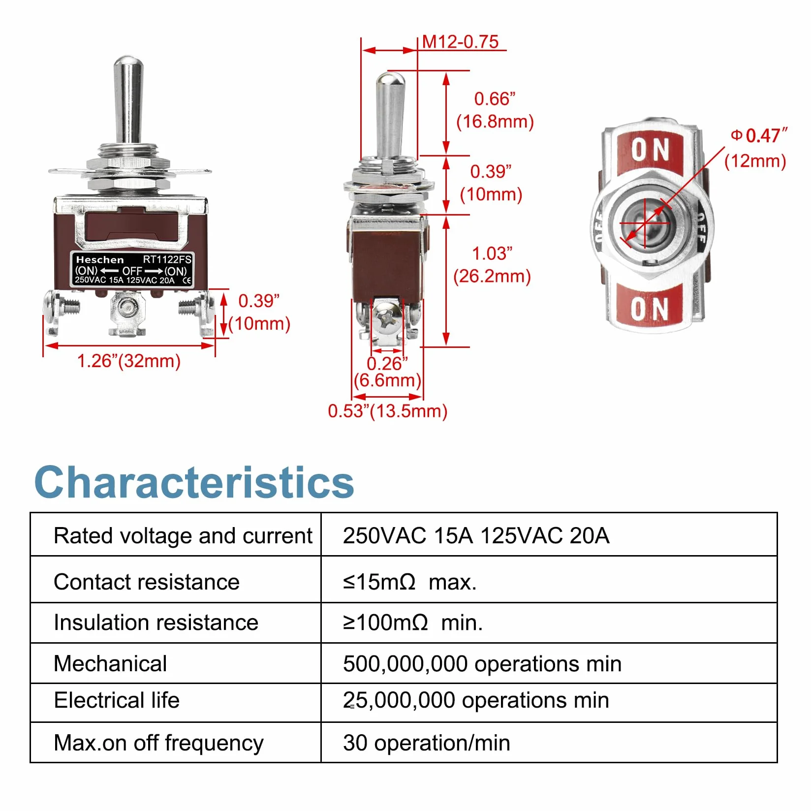 Heschen Metalowy przełącznik dźwigniowy, RT1122FS, SPDT, typ chwilowy, (ON)/OFF/(ON) 3-pozycyjny, 15 A 250 VAC, z wodoodporną nasadką, CE
