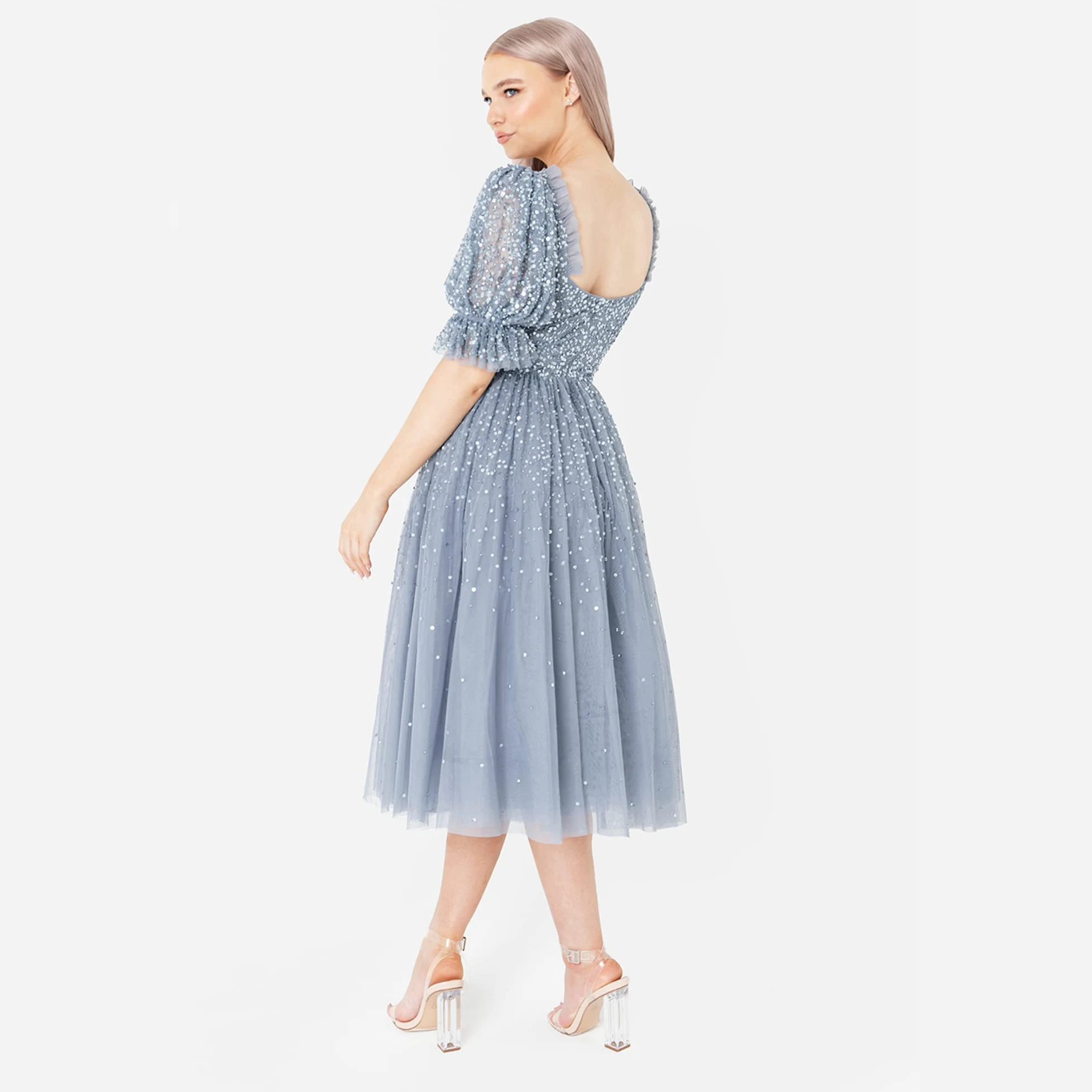 Maya Deluxe Sukienka damska Midi Sequin Emmbellished Frilly Sweetheart Neckline Puffed Sleeves for Wedding Guest Prom Evening sukienka damska, Dusty Blue, 20