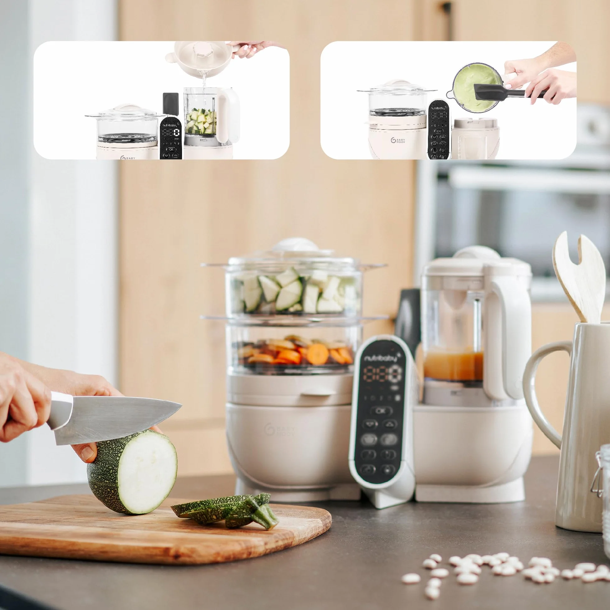 Babymoov Nutribaby(+), wielofunkcyjny robot do gotowania dla niemowląt 6 w 1, parownik, duża pojemność 2,2 l, mineralny beżowy