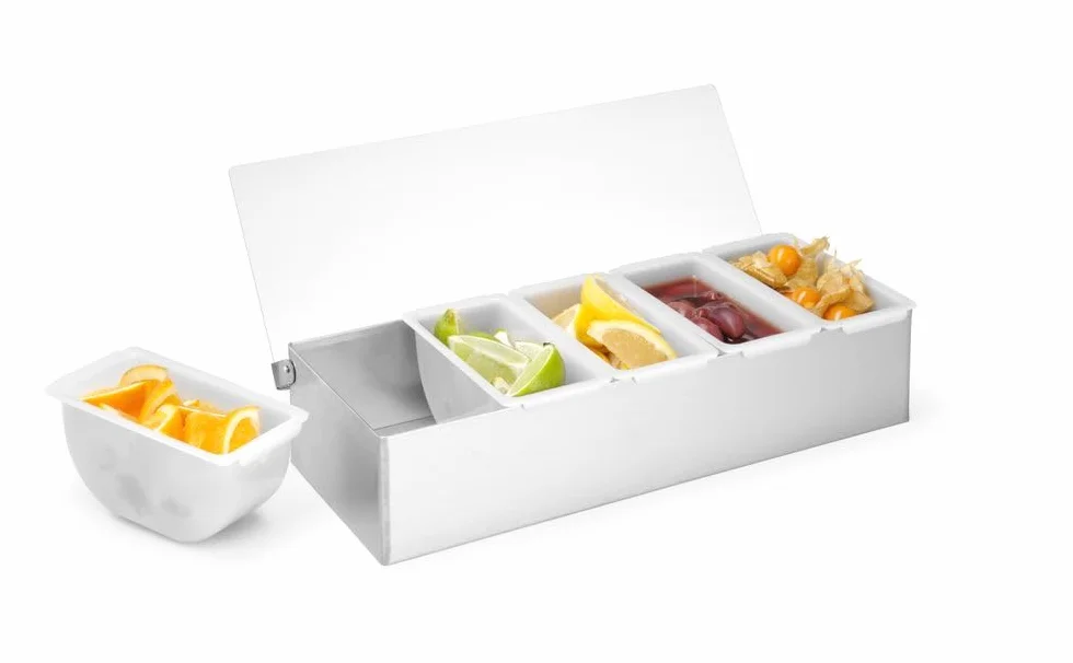 HENDI Pojemnik barmański na dodatki do drinków, BarUp, z 5 wyjmowanymi pojemniczkami, przezroczysta pokrywa, pojemnik na przyprawy, 375x140x(H)90mm, stal nierdzewna, HDPE, polipropylen
