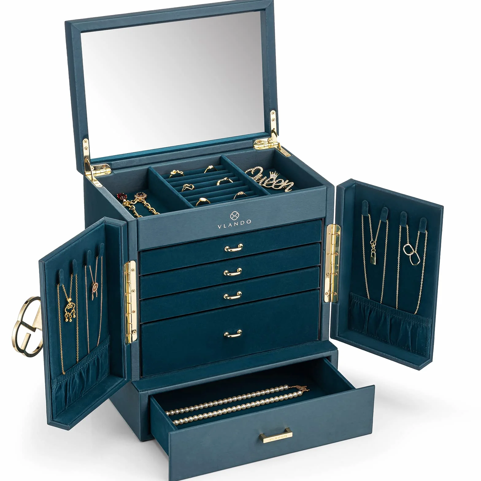 Vlando Duża szkatułka na biżuterię w stylu vintage, 6 poziomów, organizer na biżuterię, duży XXL z lustrem, szufladami, do przechowywania biżuterii, szkatułka na biżuterię, na kolczyki, łańcuszki