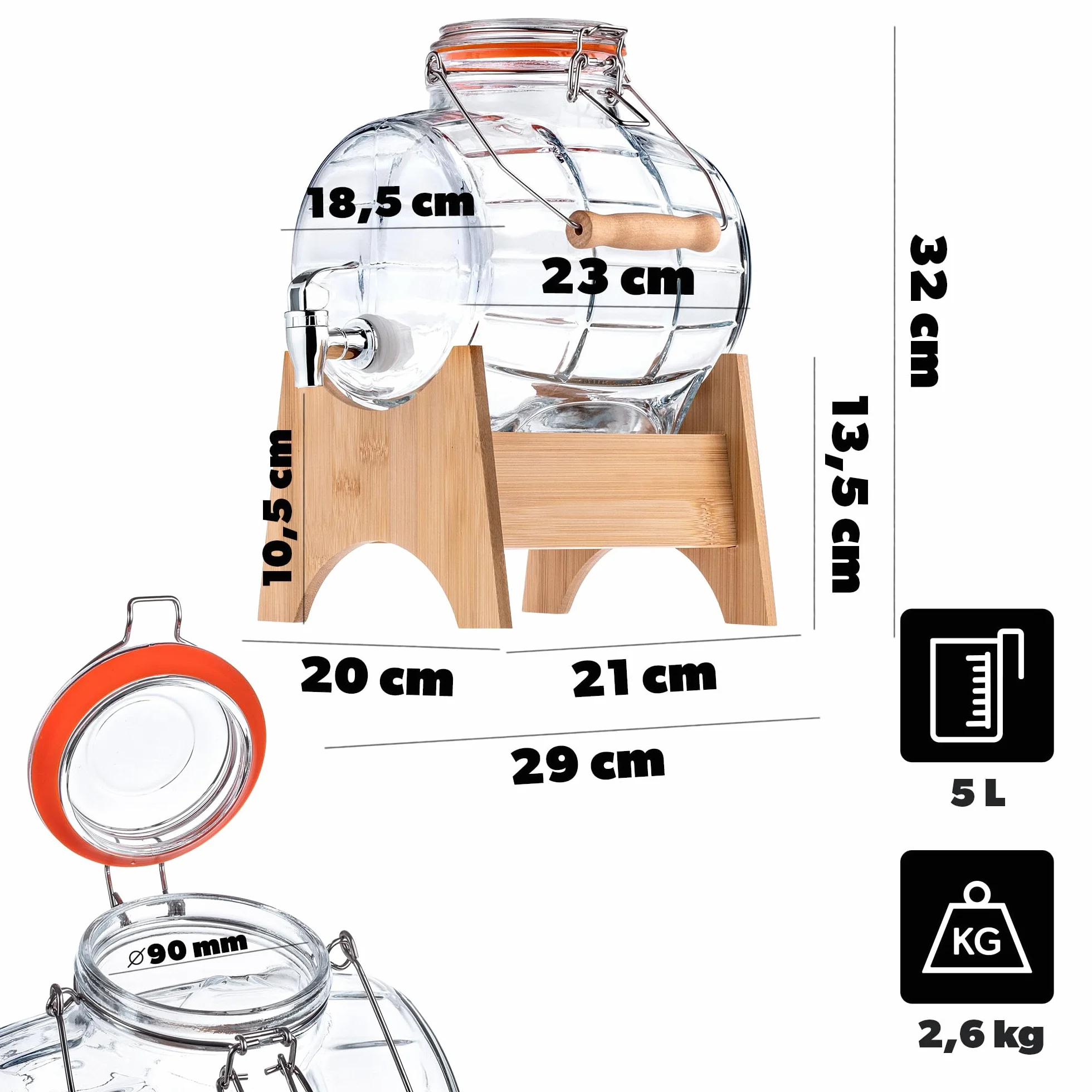 KADAX Beczka 5 l z kranikiem, dozownik do napojów ze szkła, beczka z kranikiem, przezroczysty dozownik z drewnianą podstawką, dozownik alkoholu, idealny do whisky, brandy, soków (model 1)