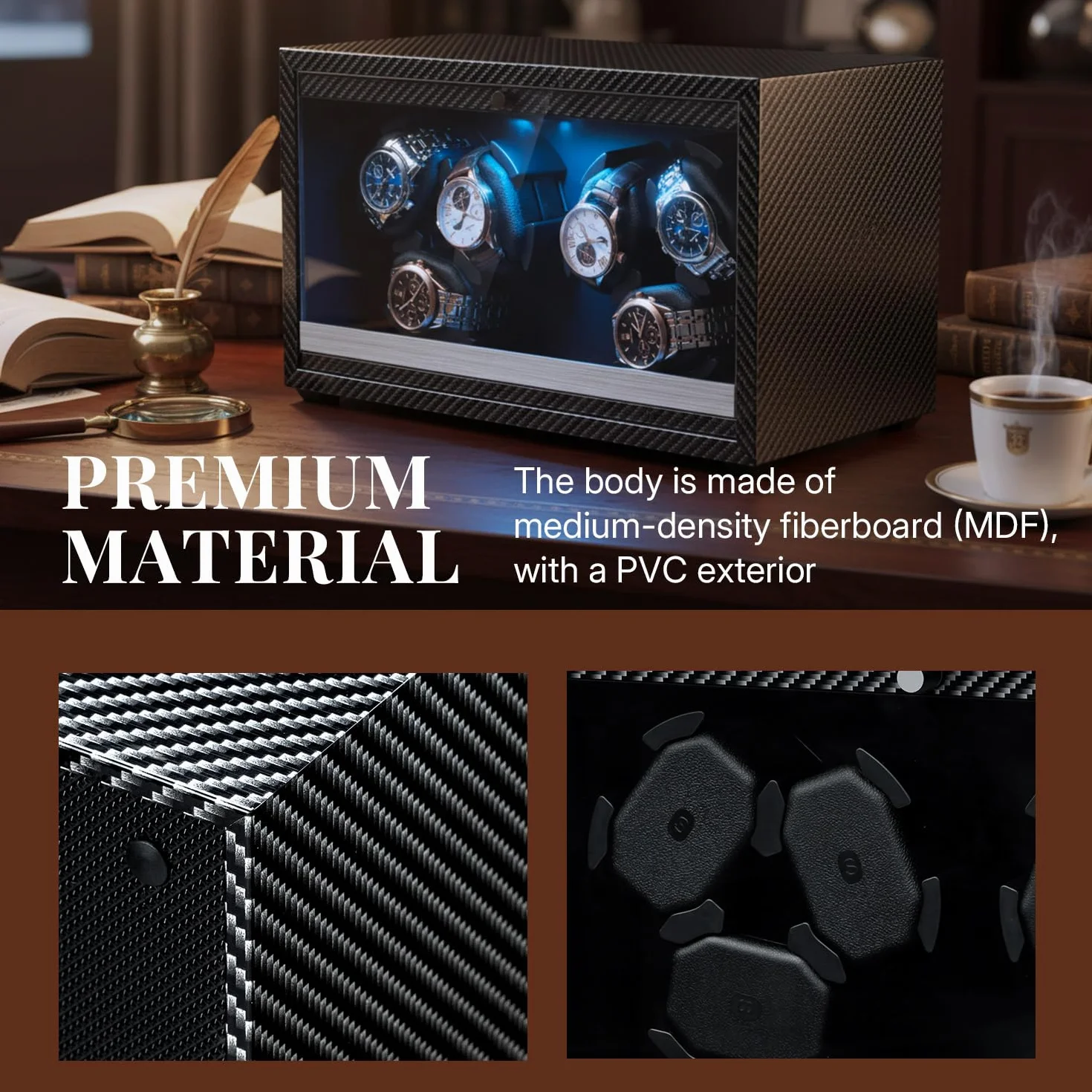 Mcbazel Automatyczny nawijacz do 6 zegarków ze światłem LED, ultra cichy silnik, 4 tryby rotacji, zasilanie USB DC, nadaje się do zegarków do 45 mm - wzór włókna węglowego