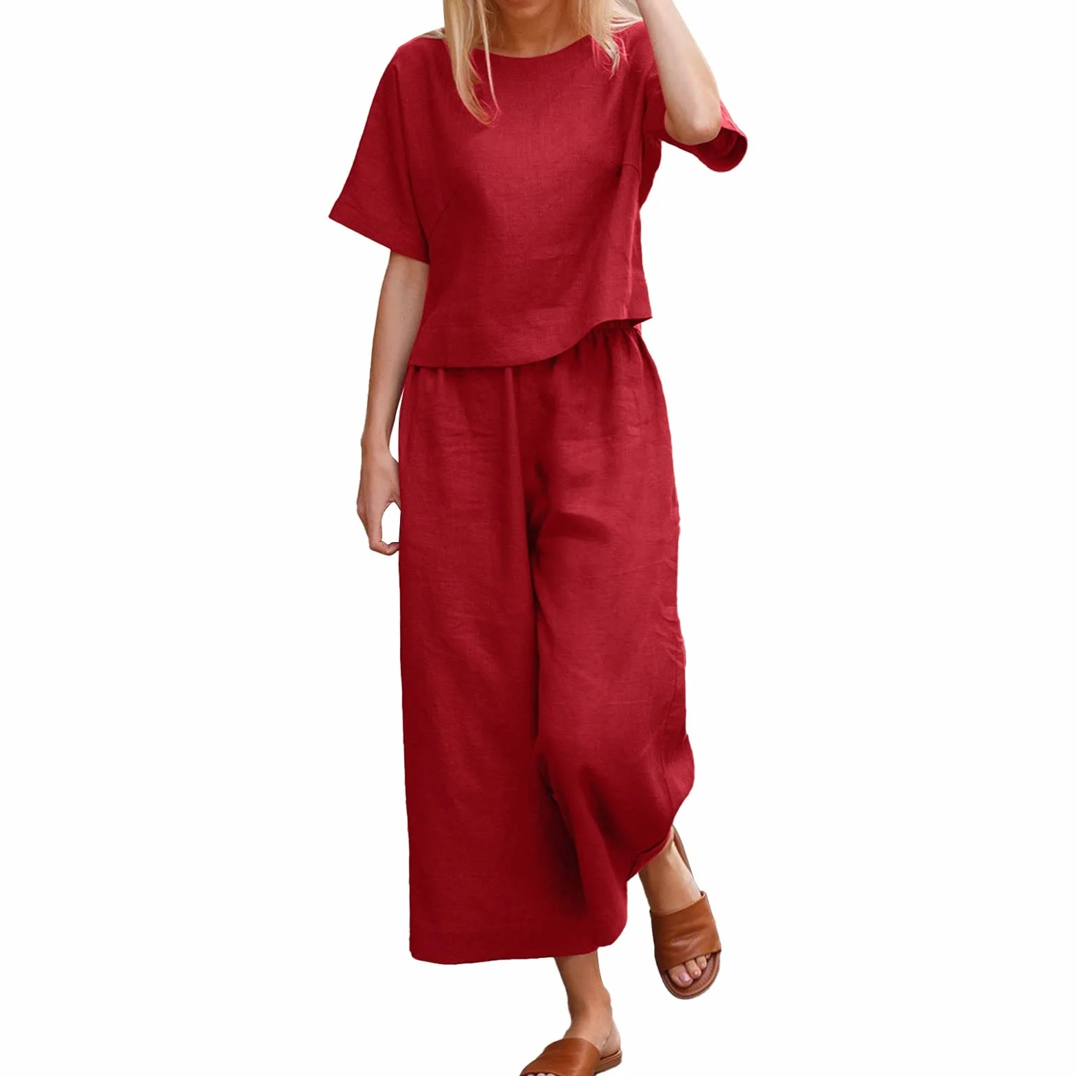 Dwuczęściowy lniany dres rekreacyjny damski, duży rozmiar, na lato, elegancki kombinezon do spodni, okrągły dekolt, koszulka i szerokie nogawki, bawełna, len, dres do biegania, na plażę, urlop