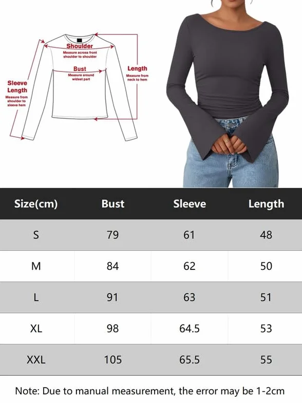 Elegancka damska koszulka z długim rękawem, dekolt w łódkę, z rękawami z dzwoneczkami, wąski top Y2K, basic, luźny sweter, slim fit, długi rękaw, jednokolorowa, z długim rękawem, na jesień
