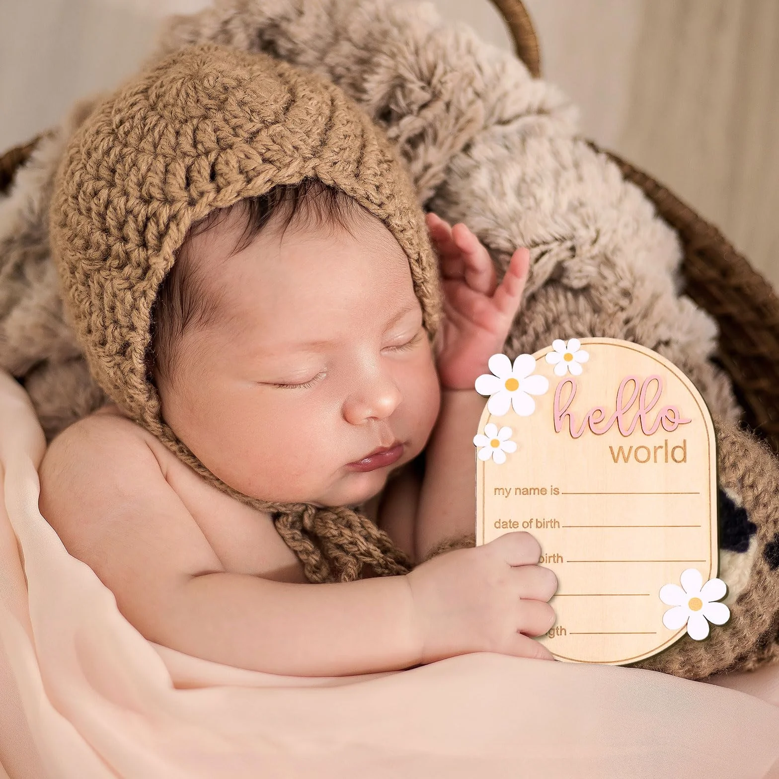 Gosknor Tabliczka Ogłoszenia Narodzin, Drewniana Hello World Tablica Powitalna dla Noworodka na Imię Dziecka Neutralna Pod Względem Płci Szpital Rekwizyty do Zdjęć Prezent Pamiątkowy (Różowy)