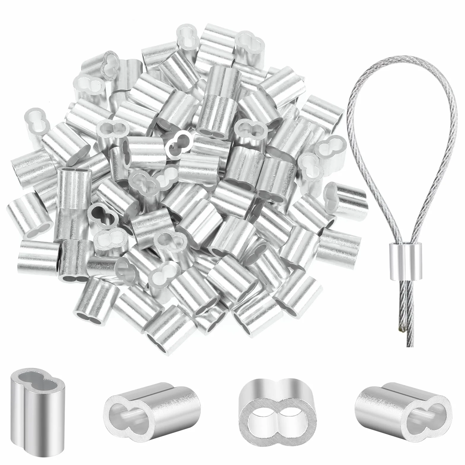 Cobee 100 jednostek, aluminiowe tuleje zaciskowe, 2 mm aluminiowe pierścienie zaciskowe do lin i kabli stalowych o średnicy 2 mm.