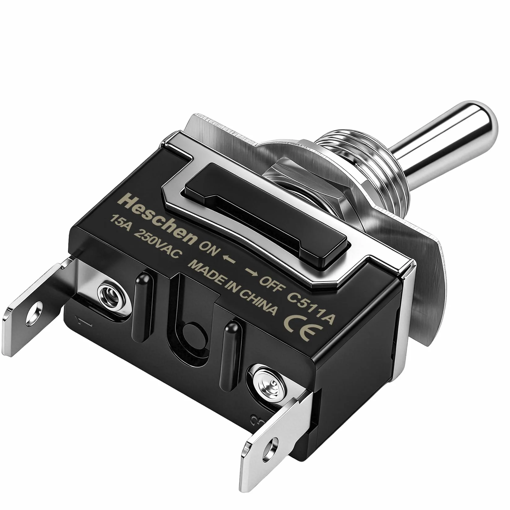 Heschen Metalowy przełącznik kołyskowy C511A SPST utrzymywany ON/OFF 2 pozycje 15 A 250 V AC 2 zakładki CE