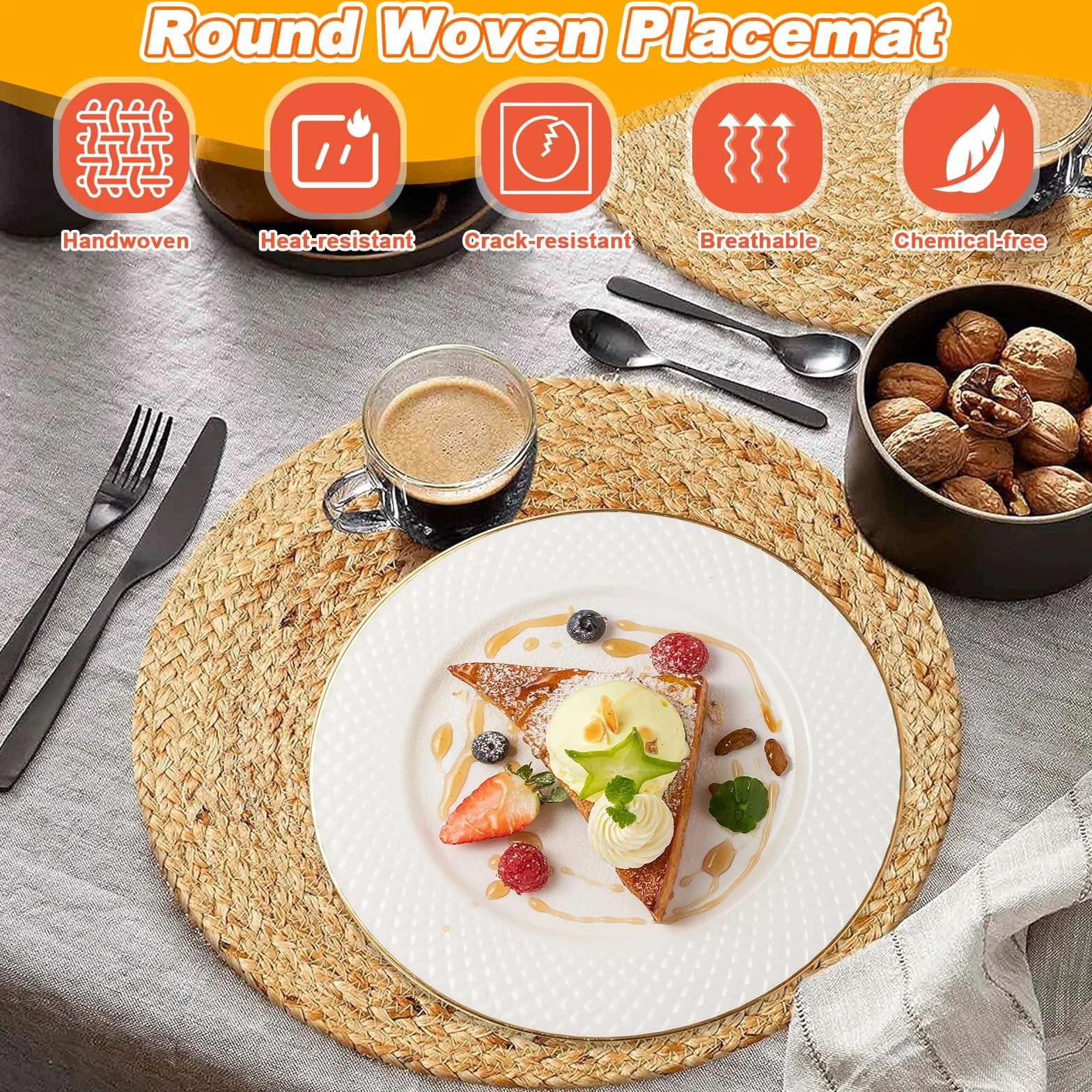 6 okrągłych podkładek z wikliny, okrągłe podkładki hiacynt wodny naturalna słoma 30 cm, pleciona podkładka okrągła boho elegancki stół stołowy na stół jadalny, dom, wesela