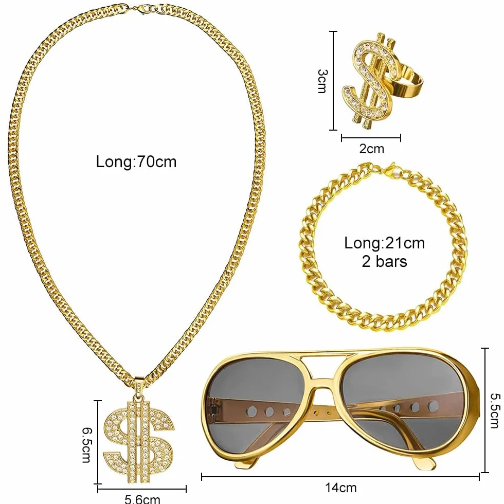 Zestaw kostiumowy hip-hopowy w stylu lat 80., złoty dolar, łańcuszek i złota bransoletka, pierścień, okulary, osobowość, hip-hop, kostium dla mężczyzn, lat 80-tych, 90., kostium rapera, na
