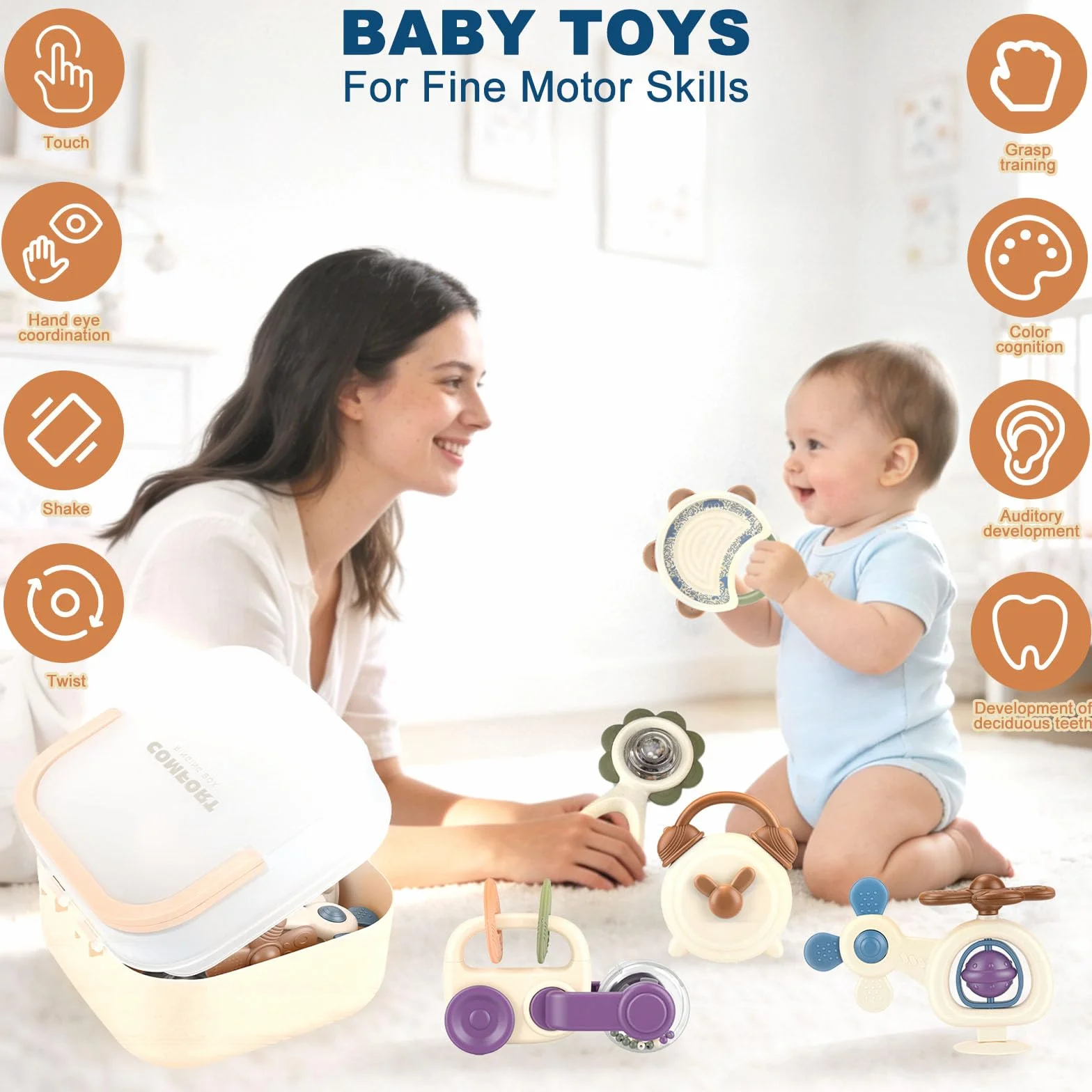 Zestaw do gry dla niemowląt JOYBOY, 10 sztuk, sensoryczne zabawki Montessori dla niemowląt w wieku 3, 6, 9, 12 miesięcy, zabawka do gryzienia, pomoc w wyrzynaniu się, gryzak, zabawka chwytak, prezent