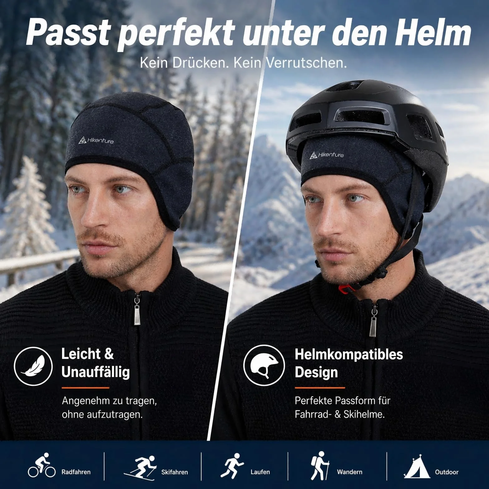HIKENTURE Czapka zimowa | Wiatroszczelna zimowa czapka rowerowa | Ciepła Czapka Rowerowa | Podkoszulek pod kask męski/damski do kasków rowerowych Kask narciarski Kask wspinaczkowy | Czapka sportowa
