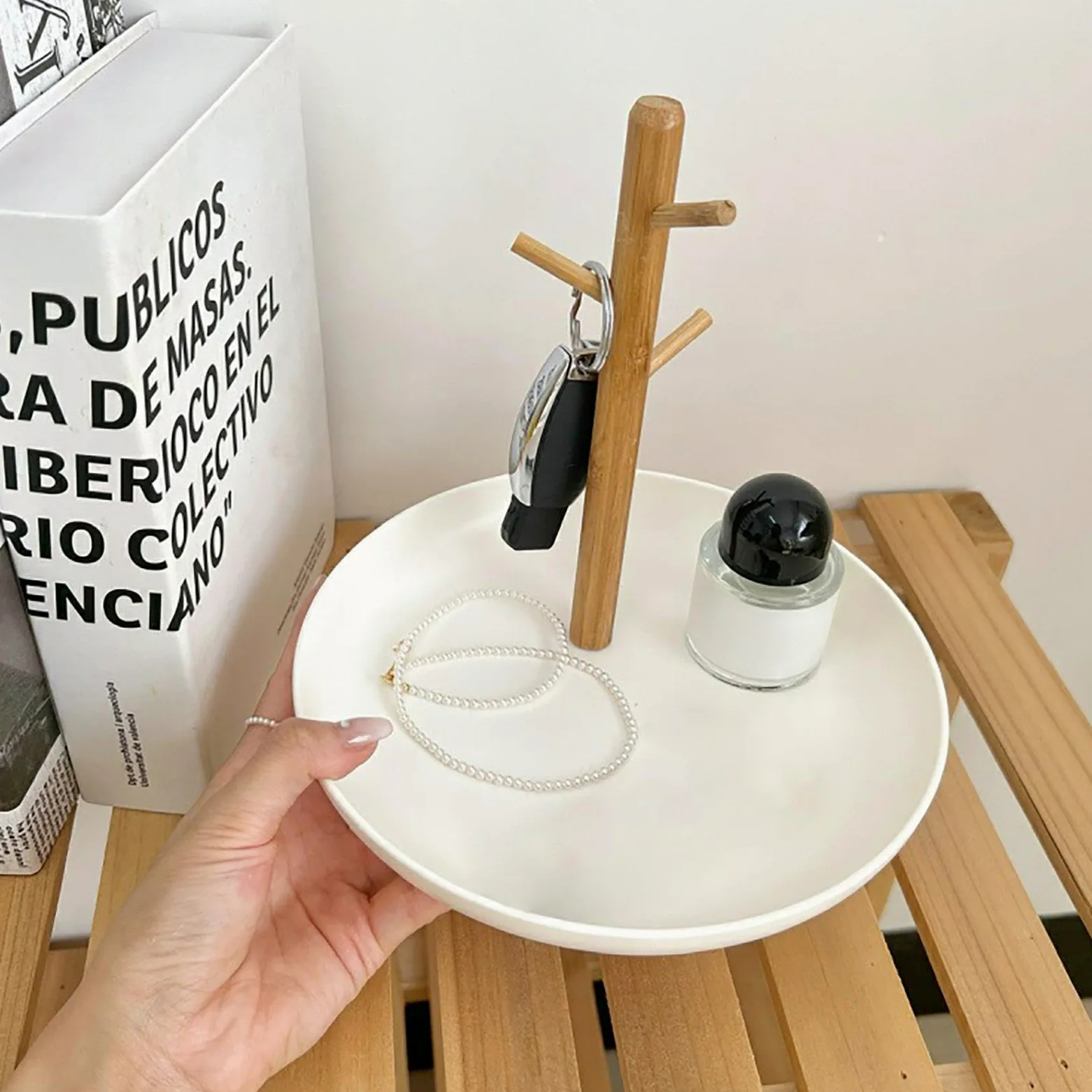 Générique Uchwyt na klucz, miska na klucze, walizka na stół, drewniany 3-poziomowy organizer bambusowy, pojemnik na perfumy, stojak na drewno, biżuteria, portfel, telefon, eleganckie rozwiązanie do