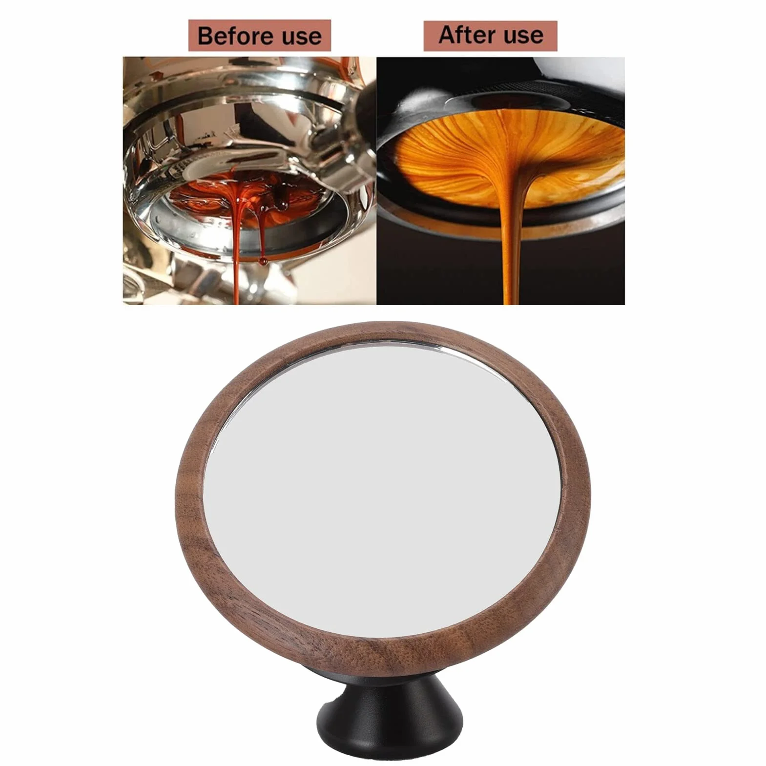Espresso Mirror, Obrót o 360 Stopni Obserwacja Natężenia Przepływu Kawy Lustro Odblaskowe Średnica 2,4 Cala Manipulowanie kawą Lustro Odblaskowe Orzech Czarna Podstawa