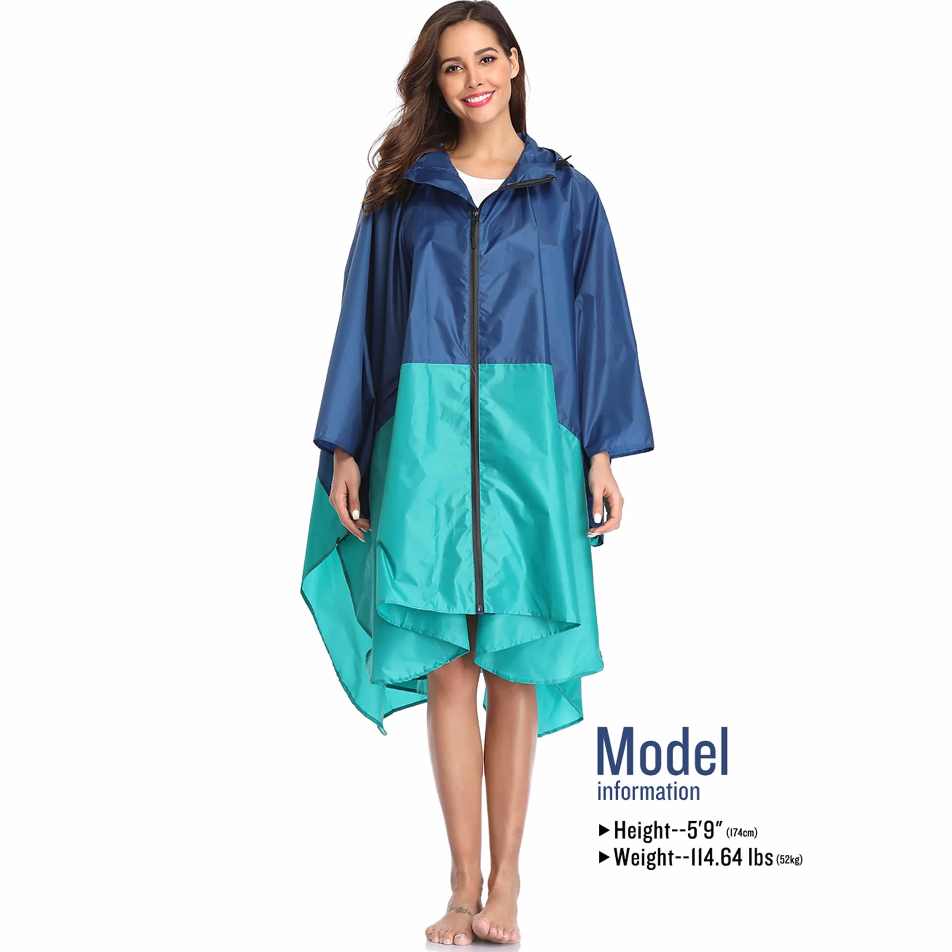 SaphiRose Rain Poncho Raincoat Hooded for Adults Women with Pockets Green-Blue