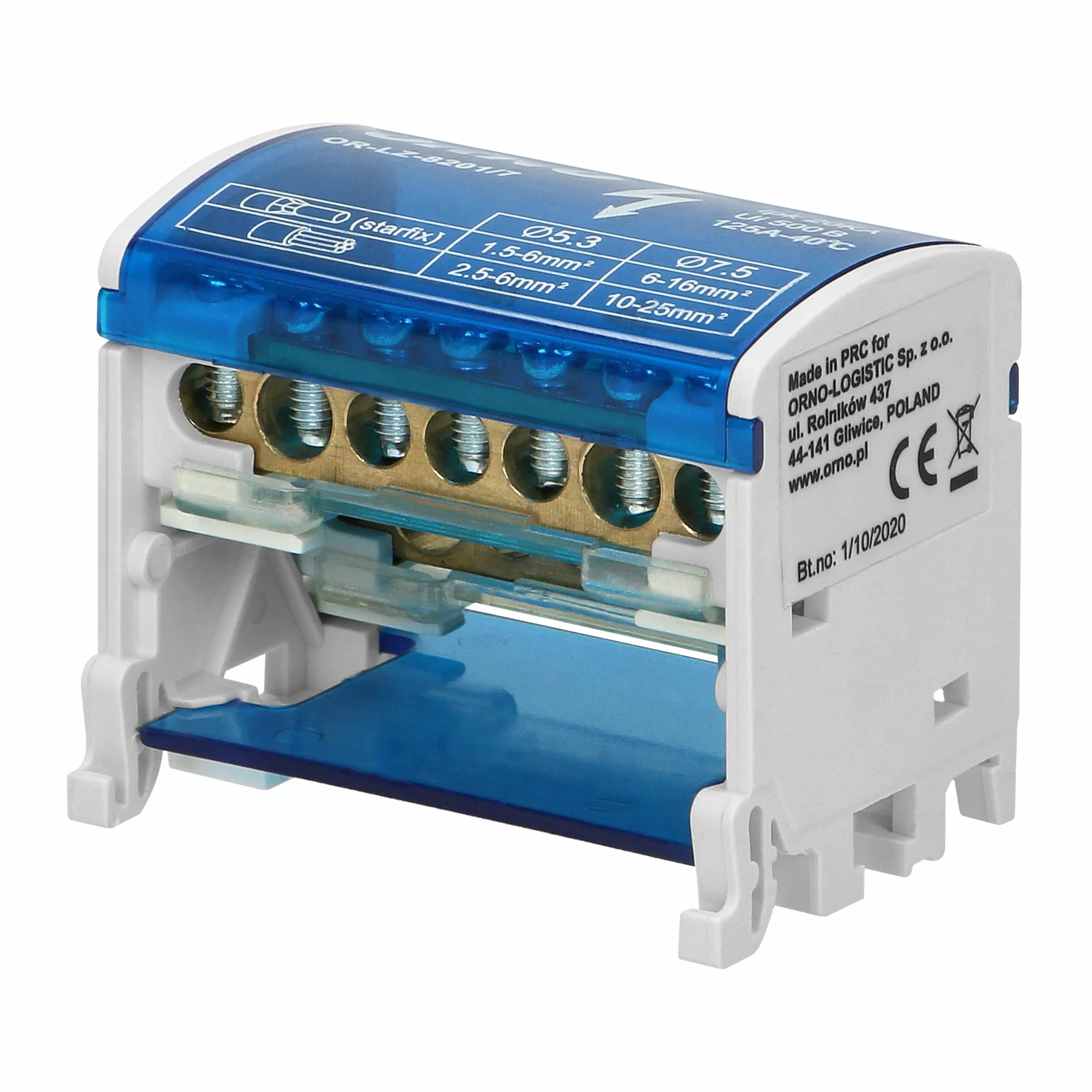 Orno LZ-8201 Blok rozdzielczy 80-500 A do szyny DIN lub tablicy elektrycznej z zaciskami wyjściowymi i wejściowymi (7 przewodów)