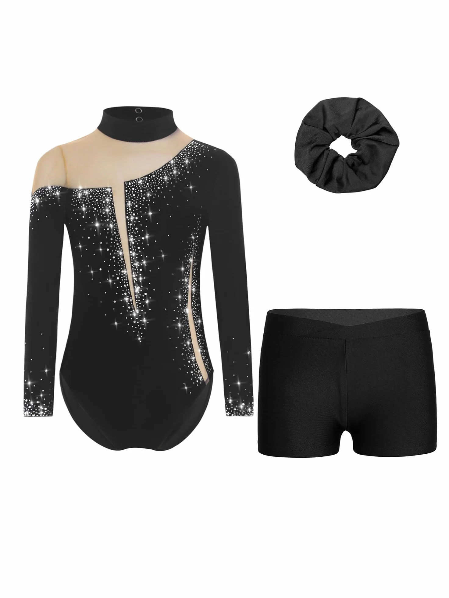 Alvivi Dziewczęcy strój gimnastyczny, brokatowy strój gimnastyczny, długi rękaw, gimnastyka, leotard, z krótkimi spodniami, opaska na włosy, body gimnastyczne, odzież gimnastyczna