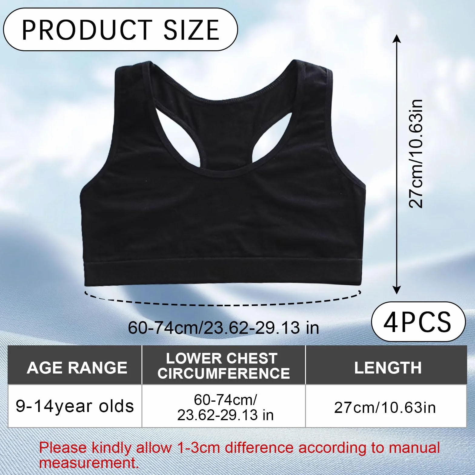 4-pak biustonoszy typu Crop Top dla dziewczynek, miękki, wygodny bawełniany biustonosz sportowy dla dzieci, bielizna, nieusztywniany biustonosz treningowy, biustonosz typu Crop Top dla dziewczynek,