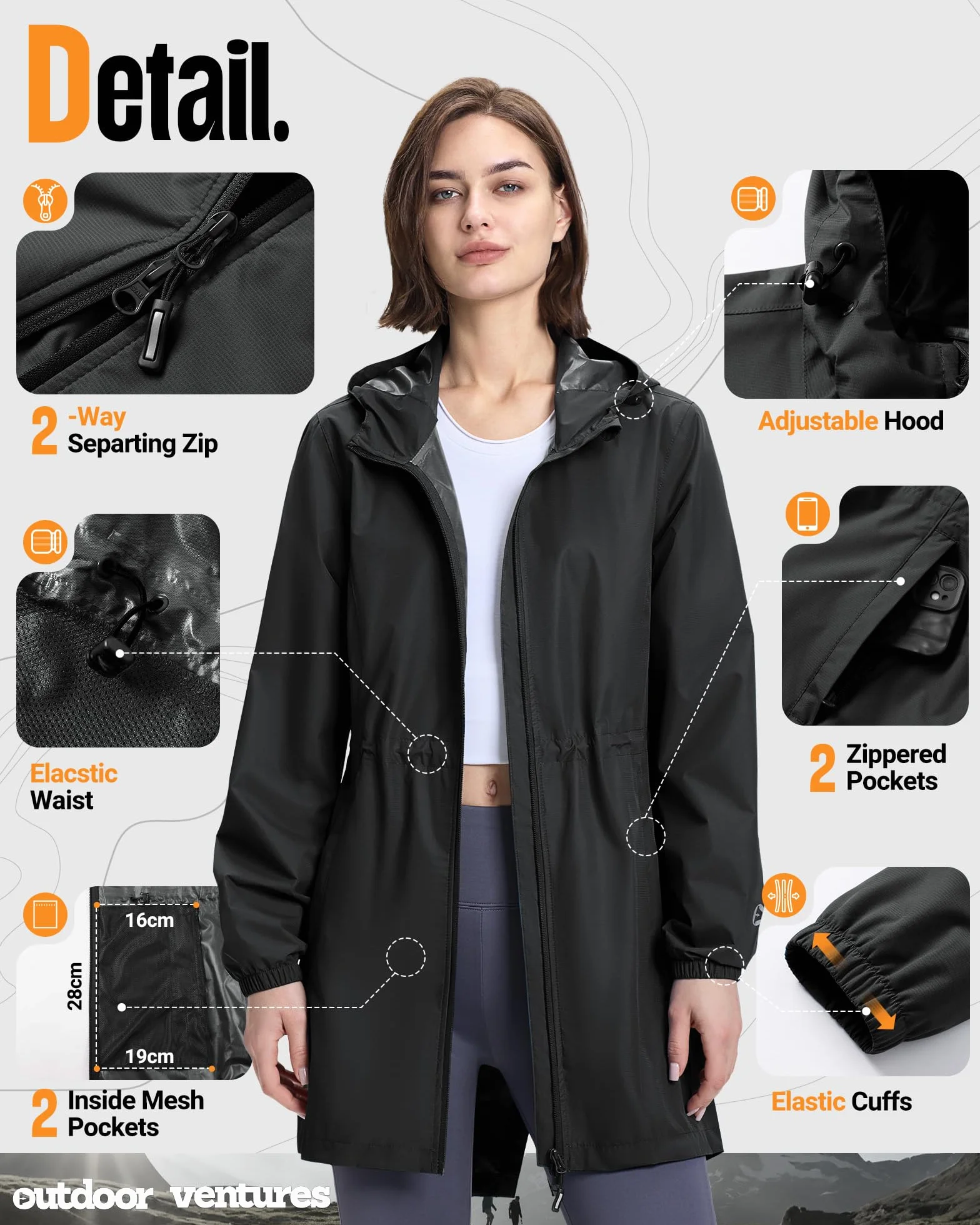 Outdoor Ventures Damska wodoodporna kurtka przeciwdeszczowa, długa, wiatrówka, kurtka przejściowa, lekka, oddychająca, kurtka outdoorowa, Raincoat parka przeciwdeszczowa z kapturem