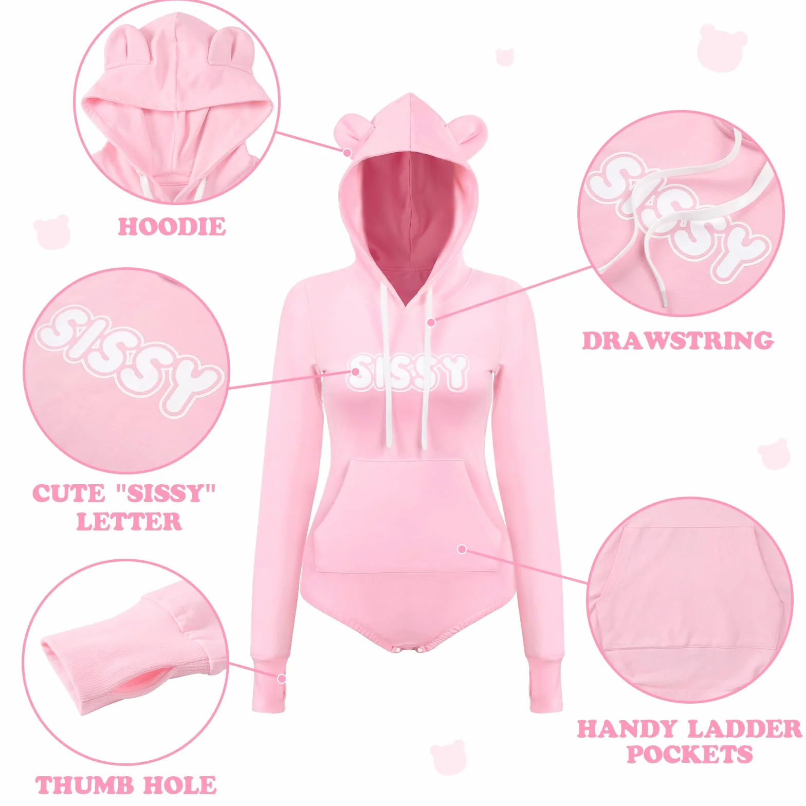 LittleForBig Bawełniany kombinezon jednoczęściowa piżama z kapturem body - przytulna bluza z kapturem Sissy Bear Onesie