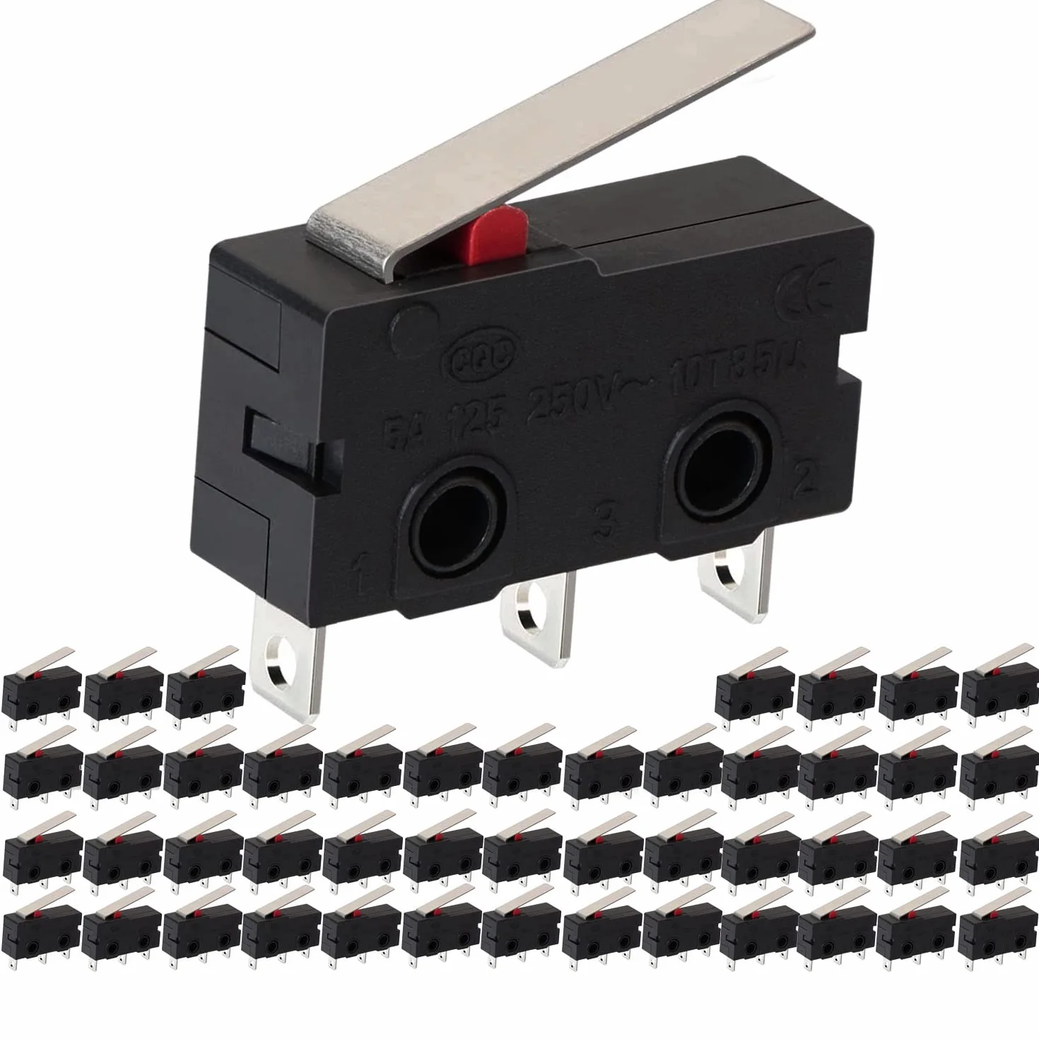 Zestaw 50 mikroprzełączników krańcowych SPDT 1NO 1NC Long Straight Hinge Lever Momentary Limit Switch, AC 250 V 5 A Micro Switches 3 piny (prosty uchwyt 16 mm)