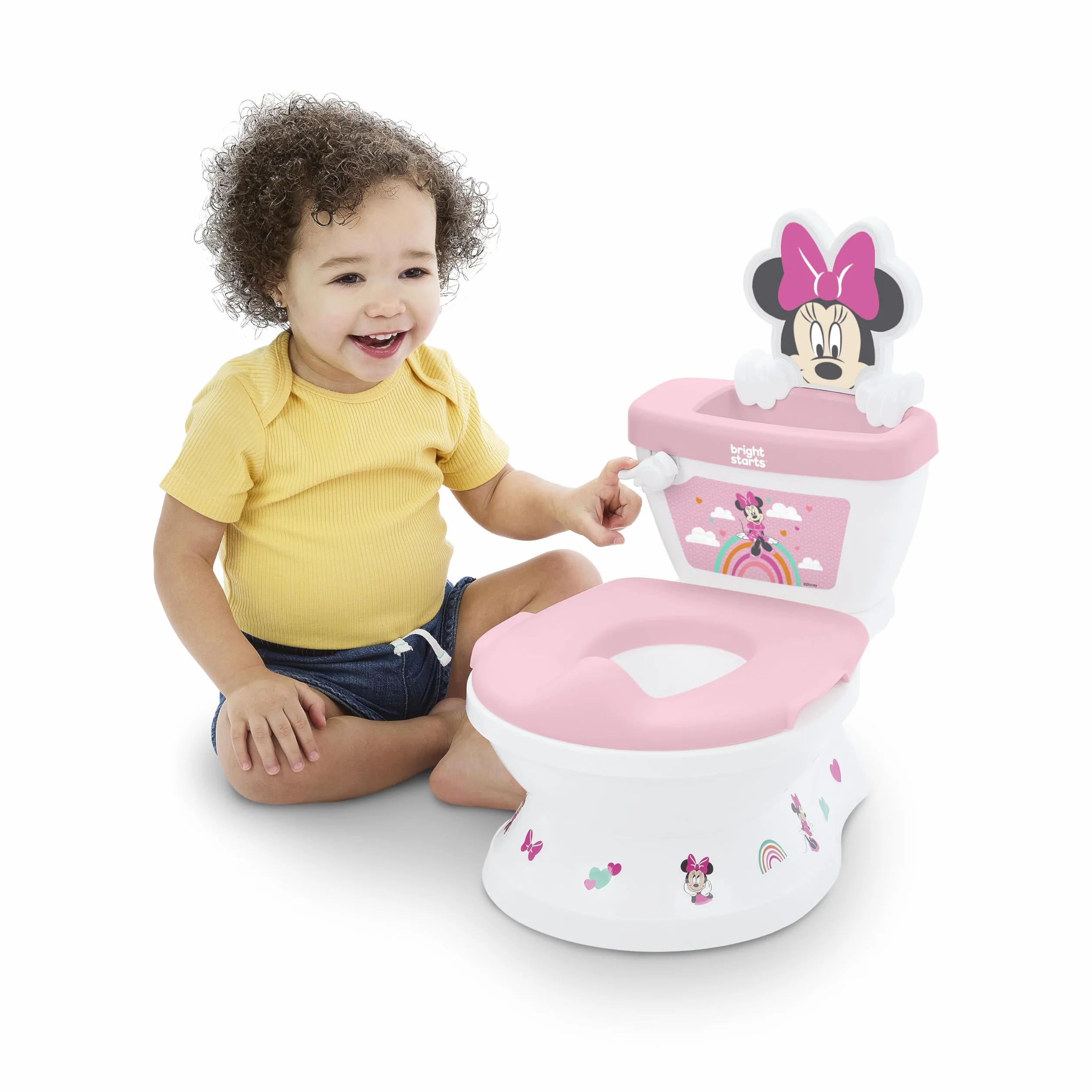 Disney Baby Minnie Mouse My Size toaleta do nauki korzystania z nocnika od Bright Starts, krzesło nocnika z dźwiękami spłukiwania i wiwatowania, zdejmowane siedzisko z ochroną przed zachlapaniem i