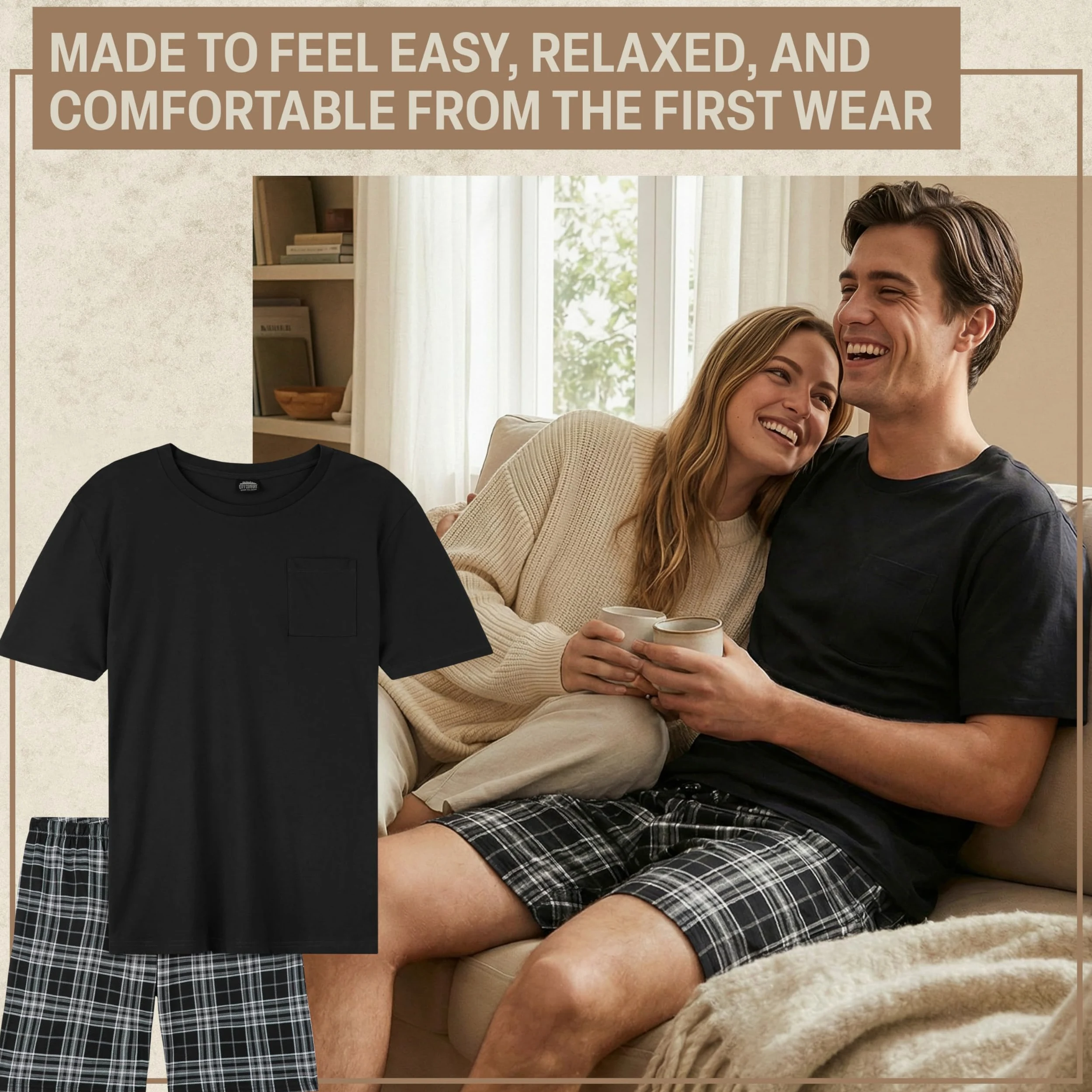 Get Trend Męska bawełniana krótka piżama, M-5XL, letnia koszulka z krótkim rękawem i szortami z kieszeniami, prezent dla mężczyzn