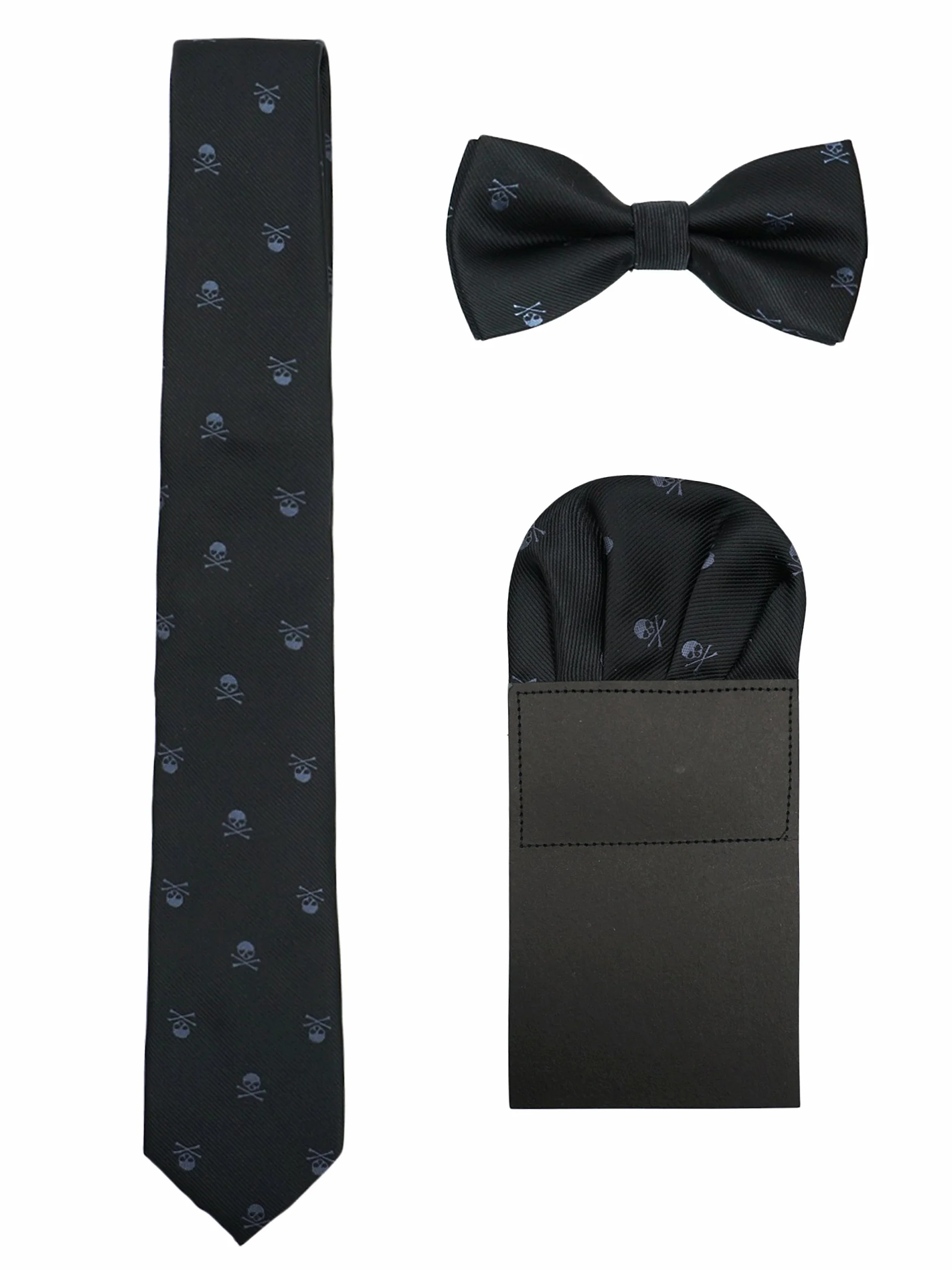 Wzór trupiej czaszki męski 6 cm krawat i wiązana muszka i chusteczka 3 w 1 zestaw Yuppie Trendmode Casual Cool, 3 w 1 - czarna i szara czaszka, jeden rozmiar
