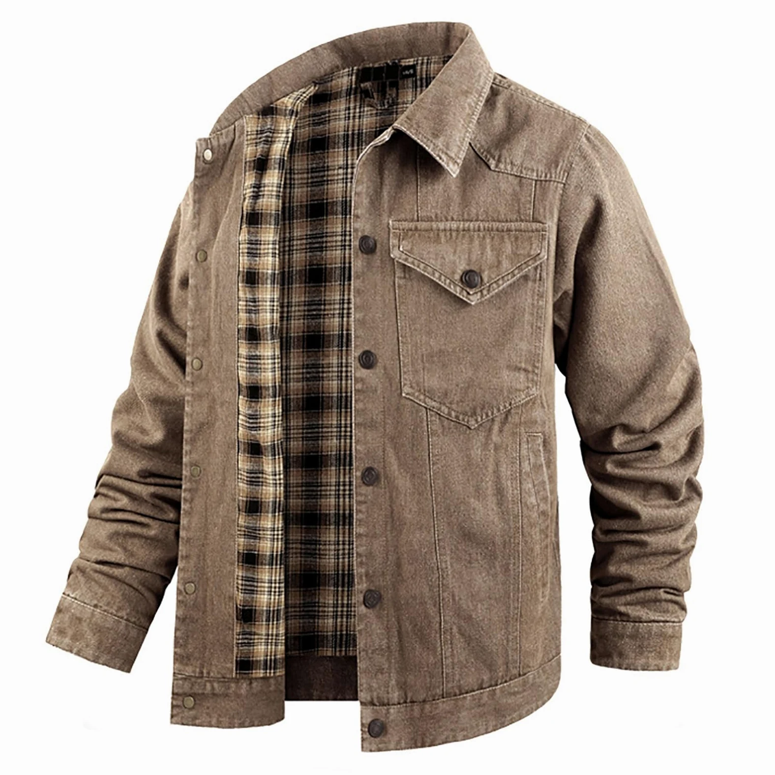 Męska Kurtka Dżinsowa w Kratę z Podszewką Snap Cowboy-Cut Western Classic Slim Fit Vintage Jacket Trucker Coat Brązowa Kurtka Dżinsowa Męska Kurtka z Odkrytymi Klapami z Przodu