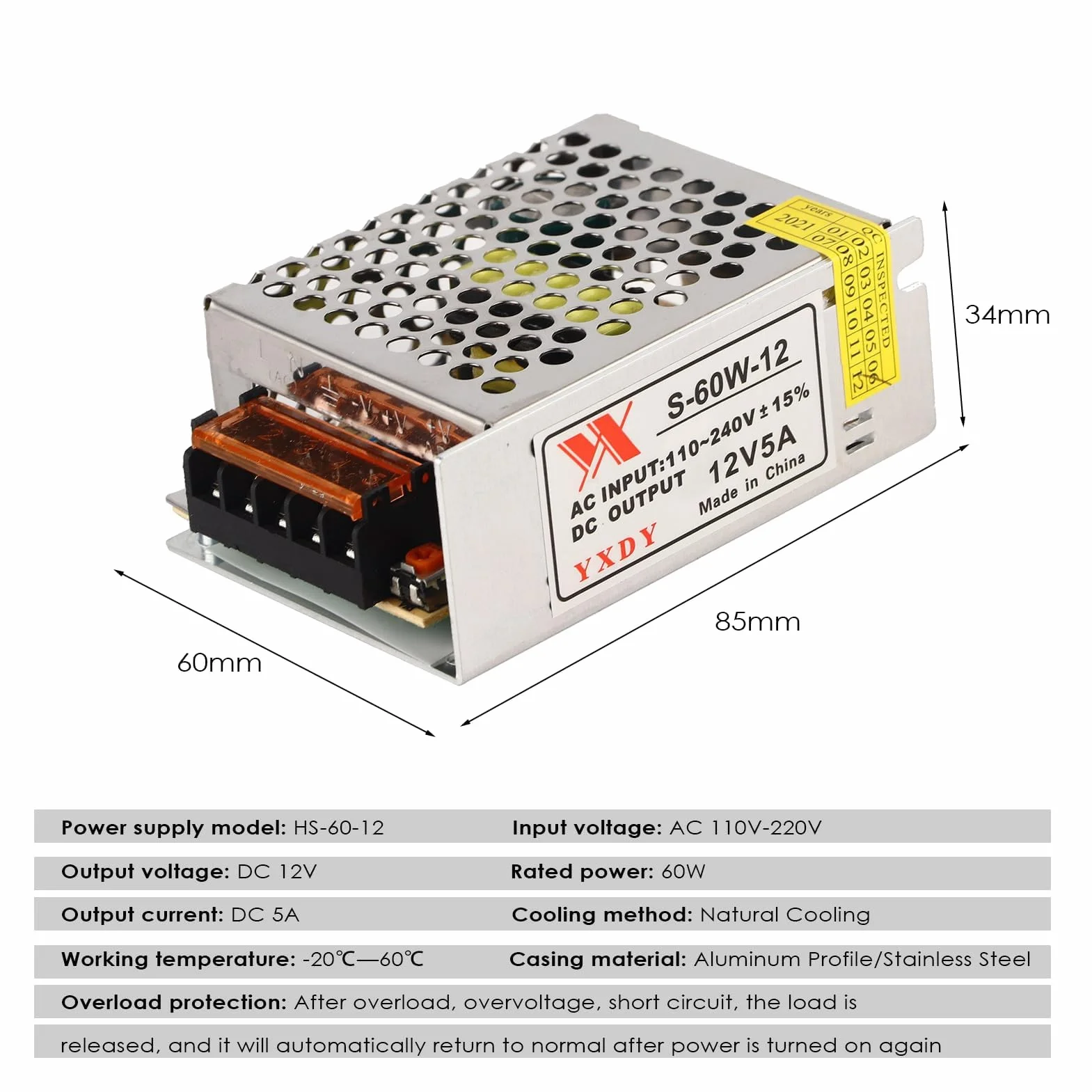 Zasilacz LED 12 V 5 A AC/DC przetwornik napięcia, regulowany uniwersalny zasilacz impulsowy 60 W do ekranu LED