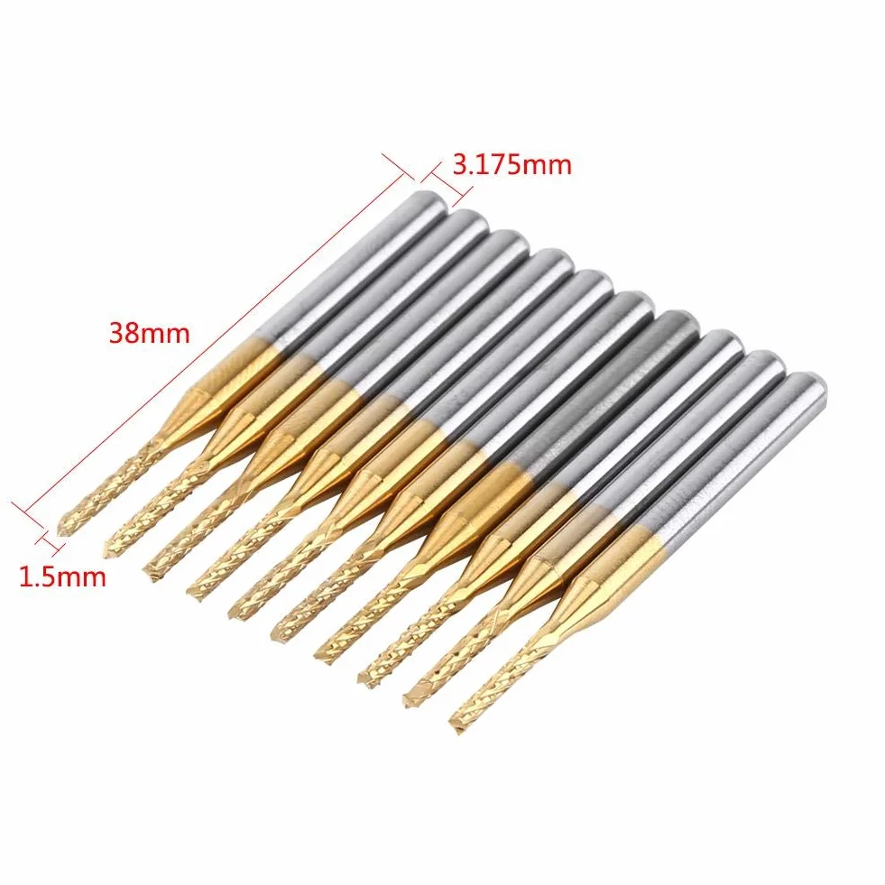 Frez trzpieniowy z twardego metalu, 10 sztuk 1,5 mm frez trzpieniowy CNC P-CB grawerunek bit powłoka wolframowa 1/8" trzpień