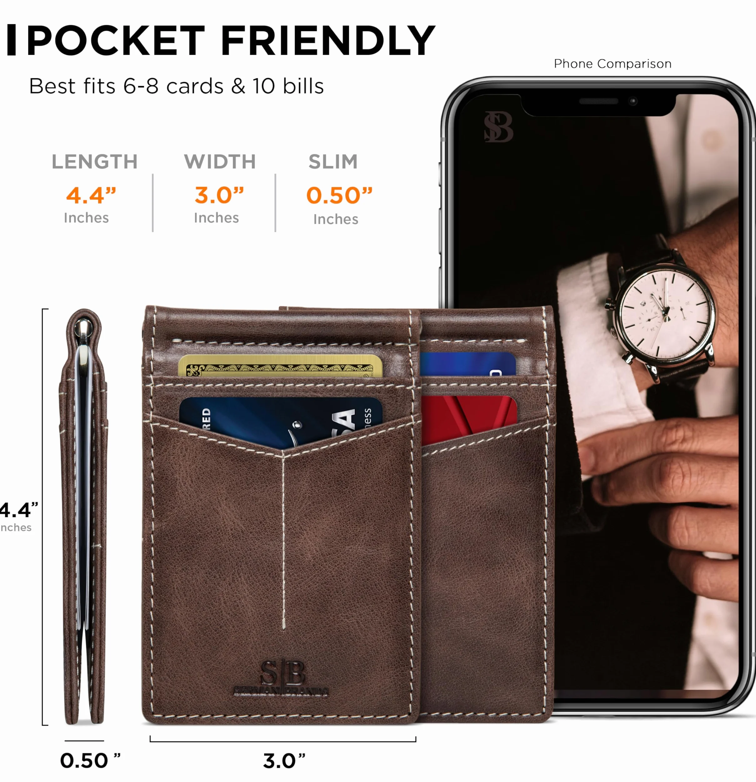 SERMAN BRANDS Portfel blokujący RFID, wąski, podwójnie składany, z prawdziwej skóry, minimalistyczne portfele z przednią kieszenią dla mężczyzn, z klipsem na pieniądze, prezenty, Poranna pieczeń, slim