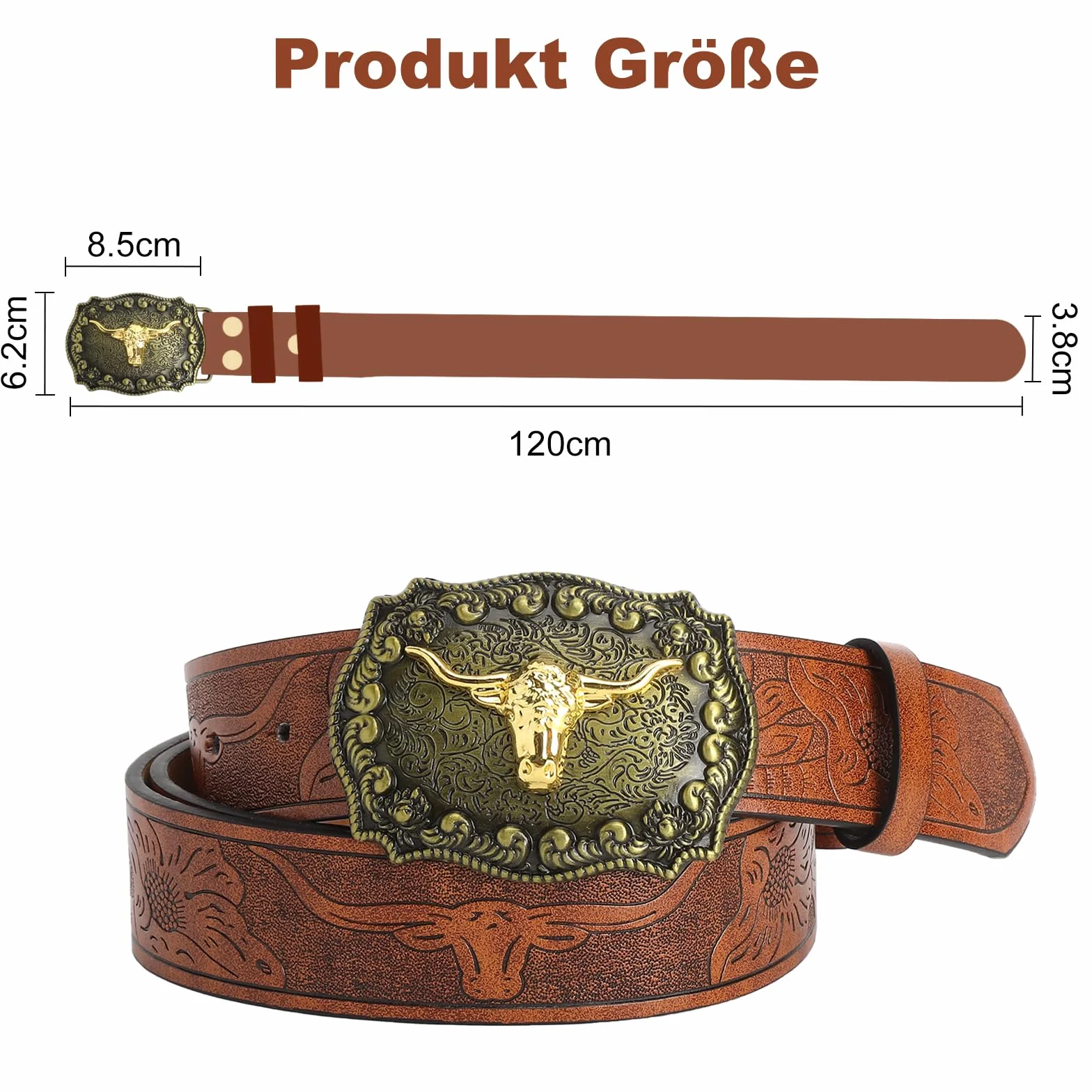 Cowboy pasek męski skórzany – westernowy damski kowboj z longhorn Bull Western, klamra do paska, tłoczenie kwiatowe, brązowy, damski w stylu country, do dżinsów, na co dzień, imprezę, prezent