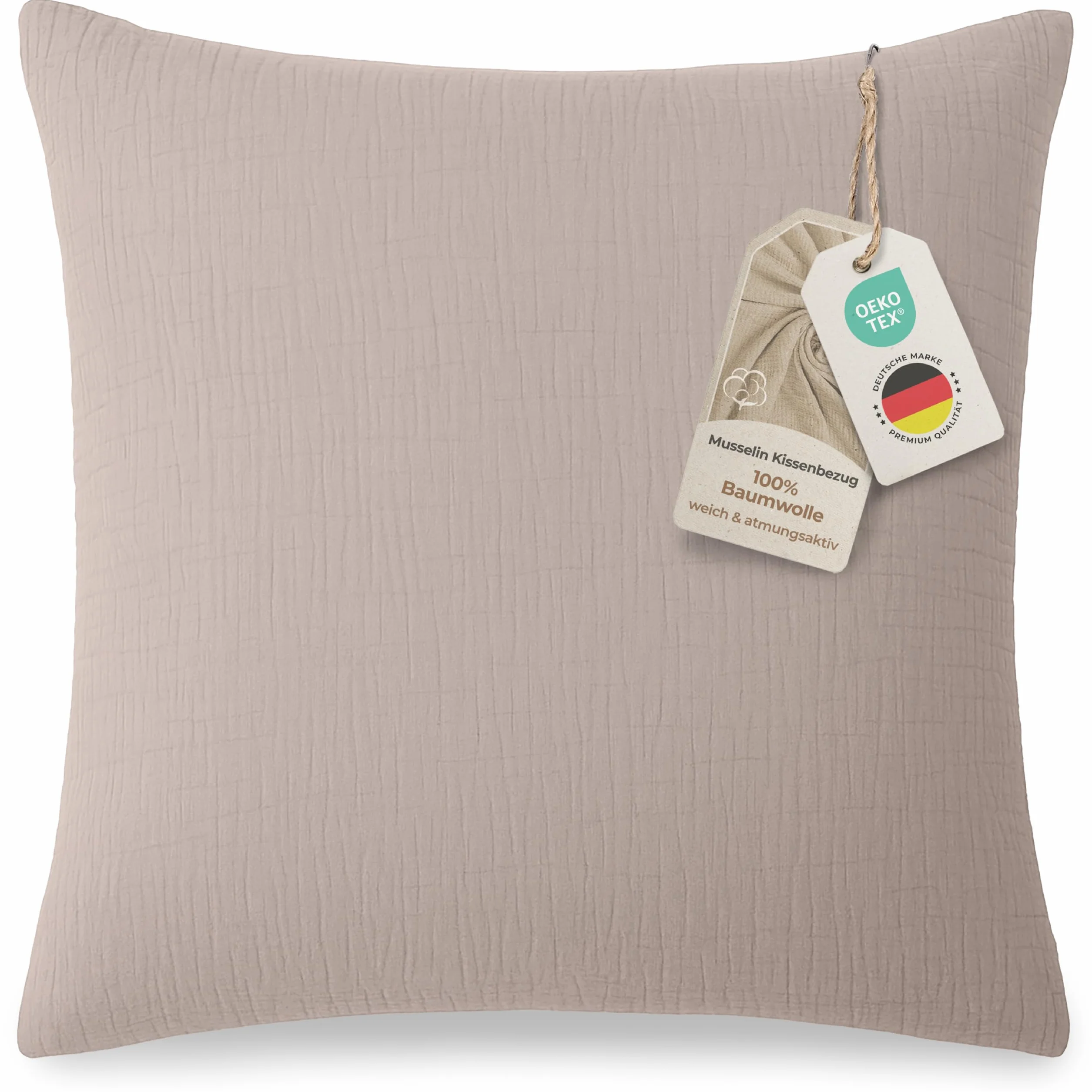 LAYNENBURG Muślinowa poszewka na poduszkę 80 x 80 cm, Oeko-Tex – 100% bawełna – oddychająca i nie wymaga prasowania – 3-warstwowa muślina z zamkiem błyskawicznym i taśmami mocującymi (Taupe)
